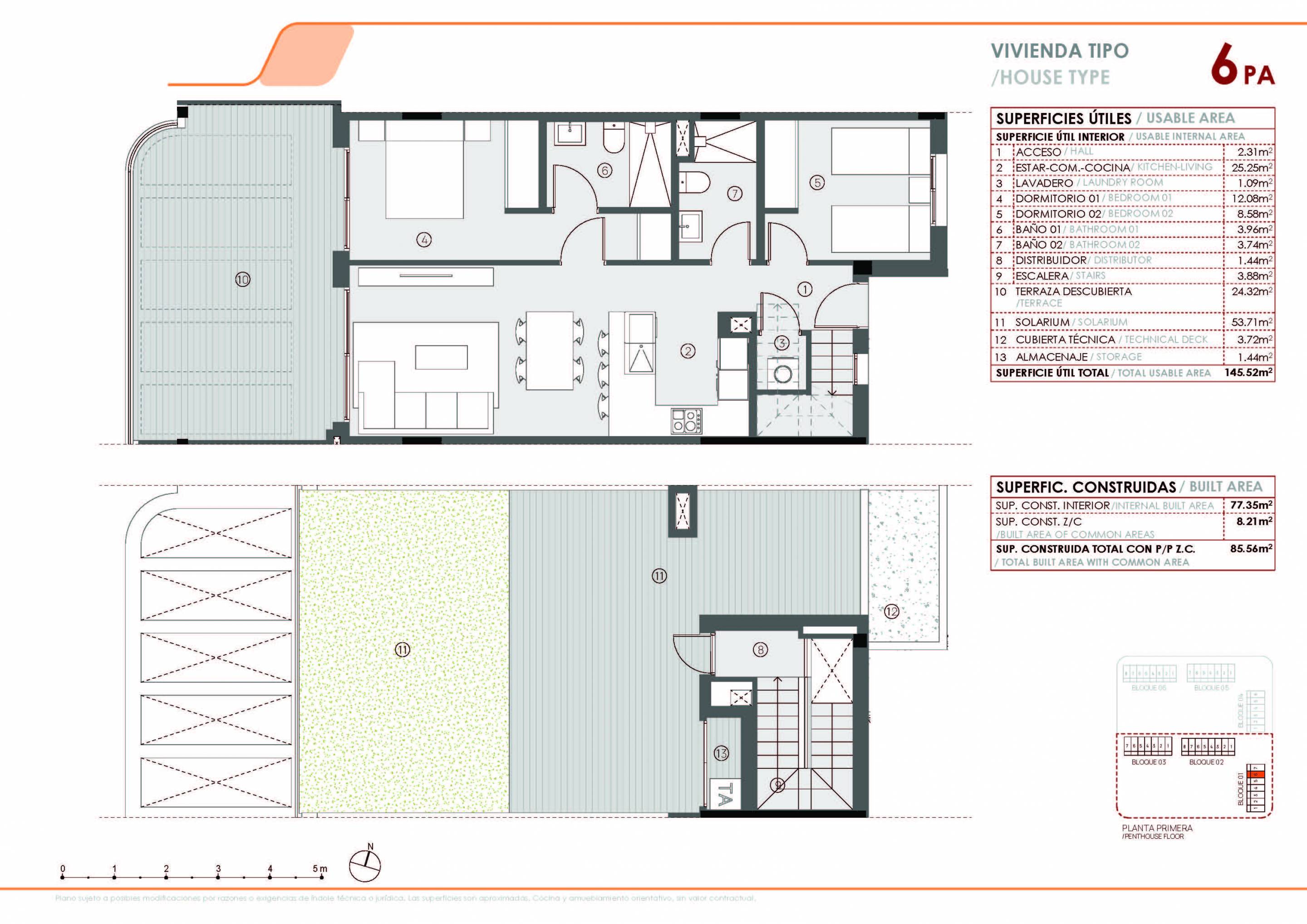Floor plan of 3-bedroom top-floor penthouse, El Limonar, Torrevieja