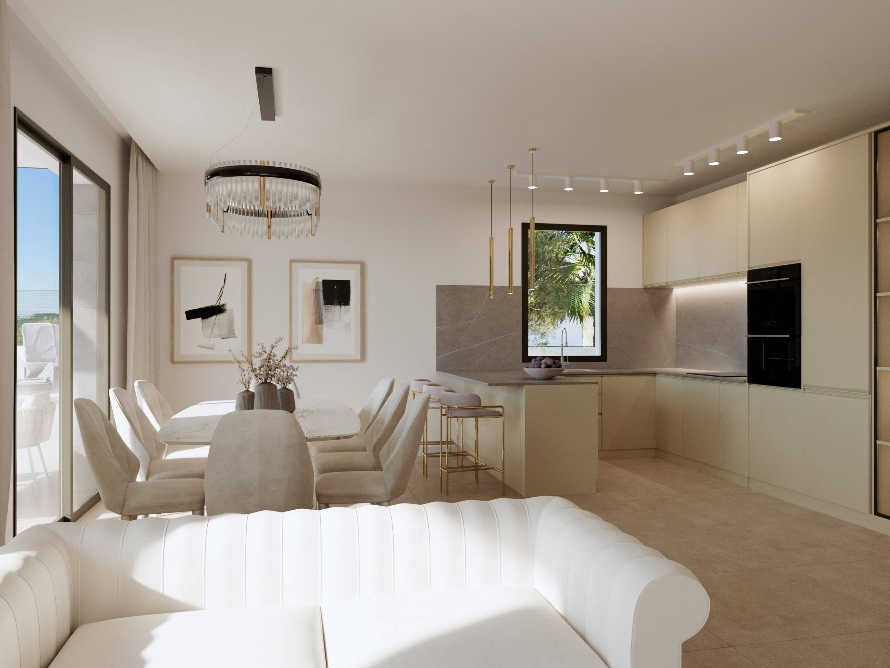 Rear exterior of new-build villa showing garden and pool, Golf Bahía, Finestrat