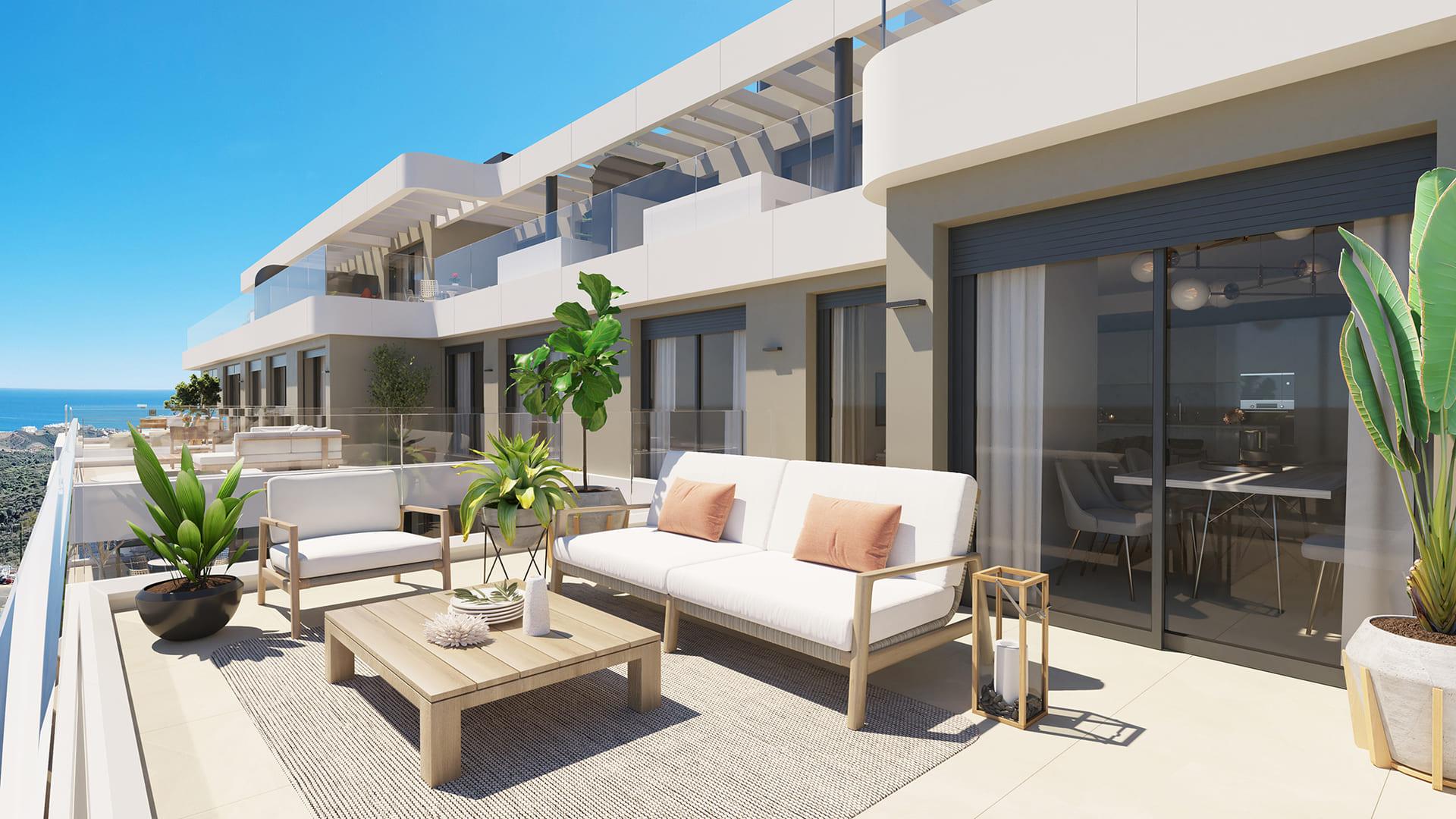 Communal pool area of new-build development, Riviera del Sol, Mijas
