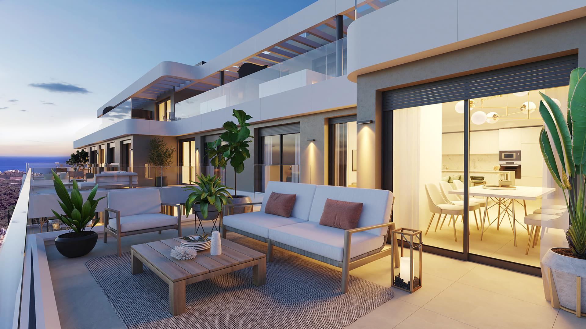 Communal pool and surrounding terrace in new-build development, Riviera del Sol, Mijas