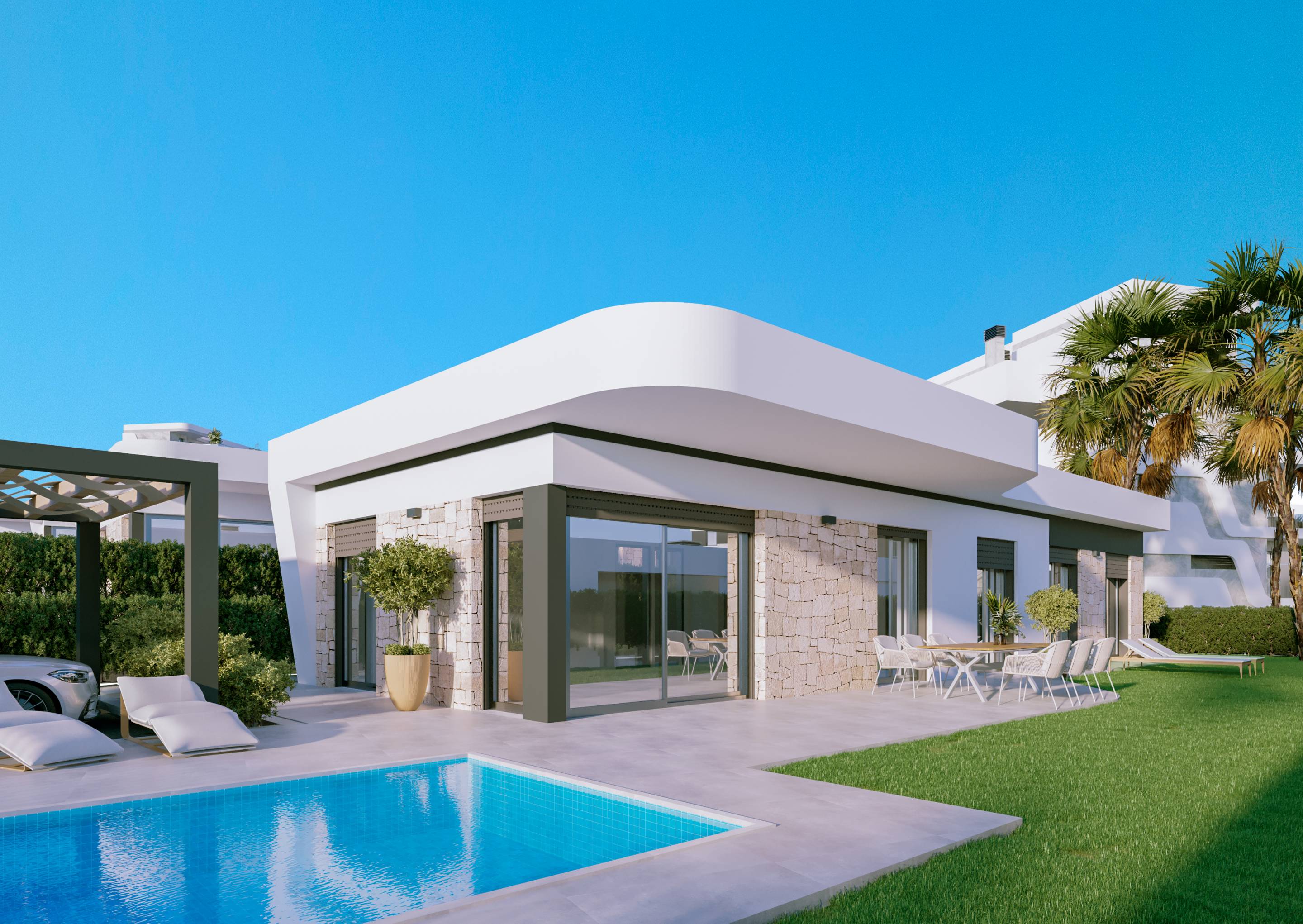 Garden lighting and pool at dusk, new-build villa, Finestrat Hills