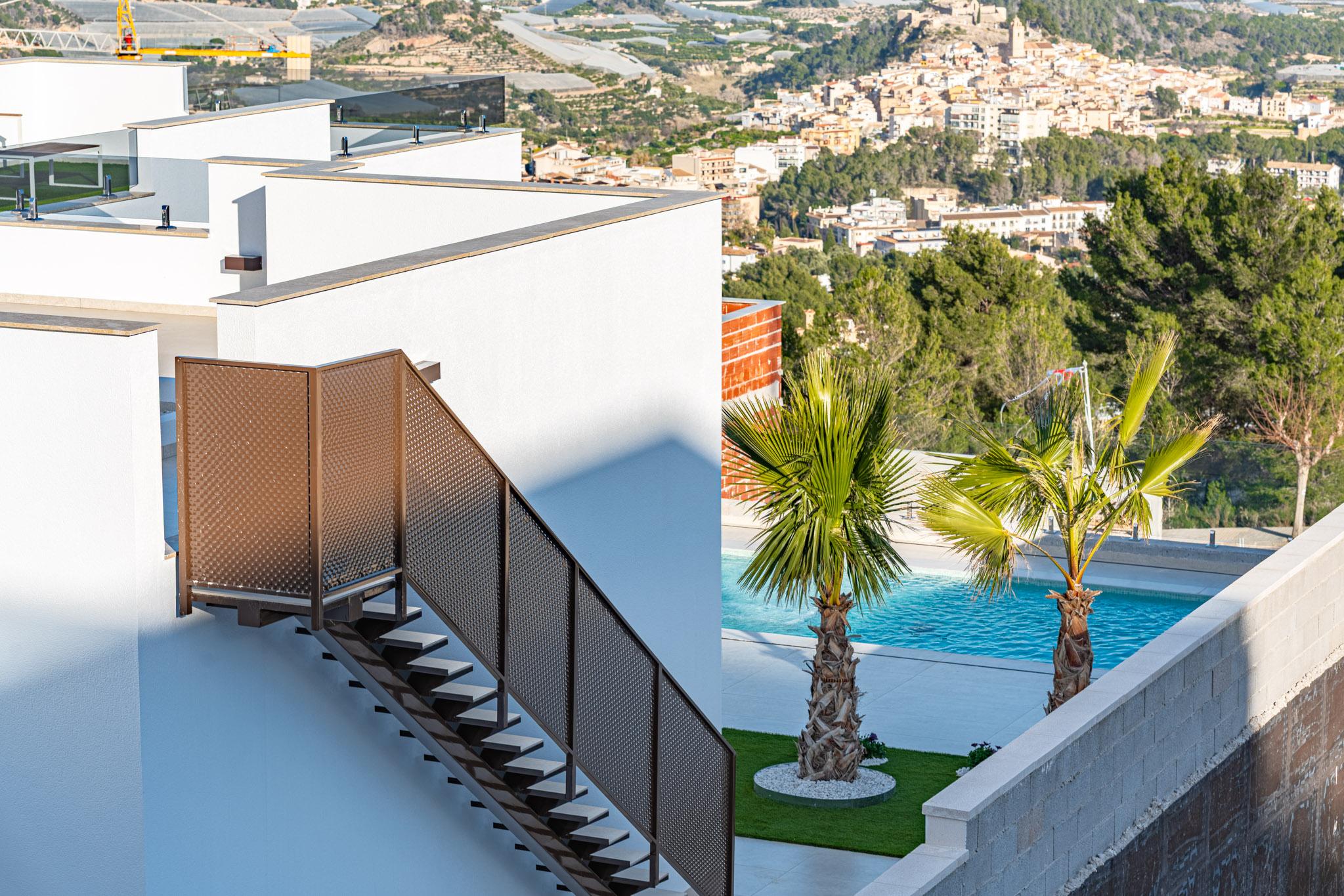 Rooftop solarium terrace with surrounding hill views, new-build villa, Pla de Cantal