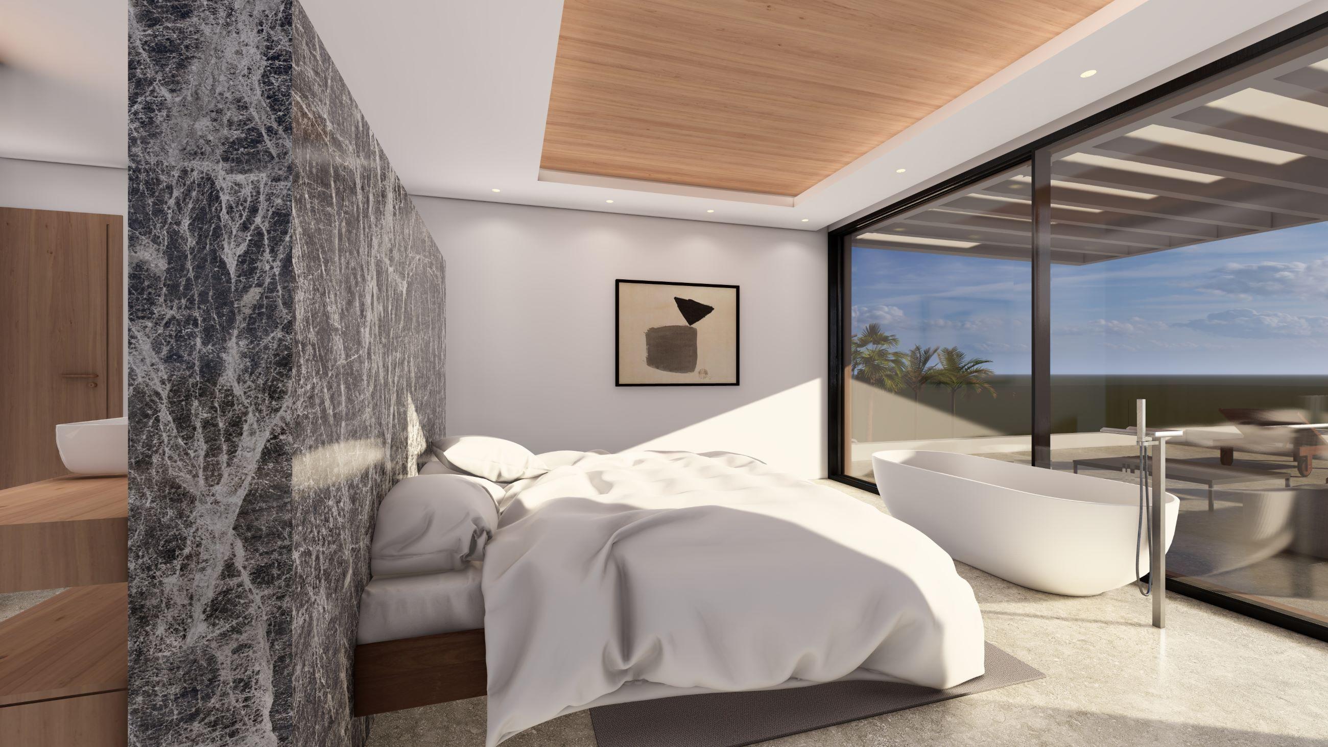 Covered terrace with garden views in new-build villa on 1,403m2 plot, Los Flamingos