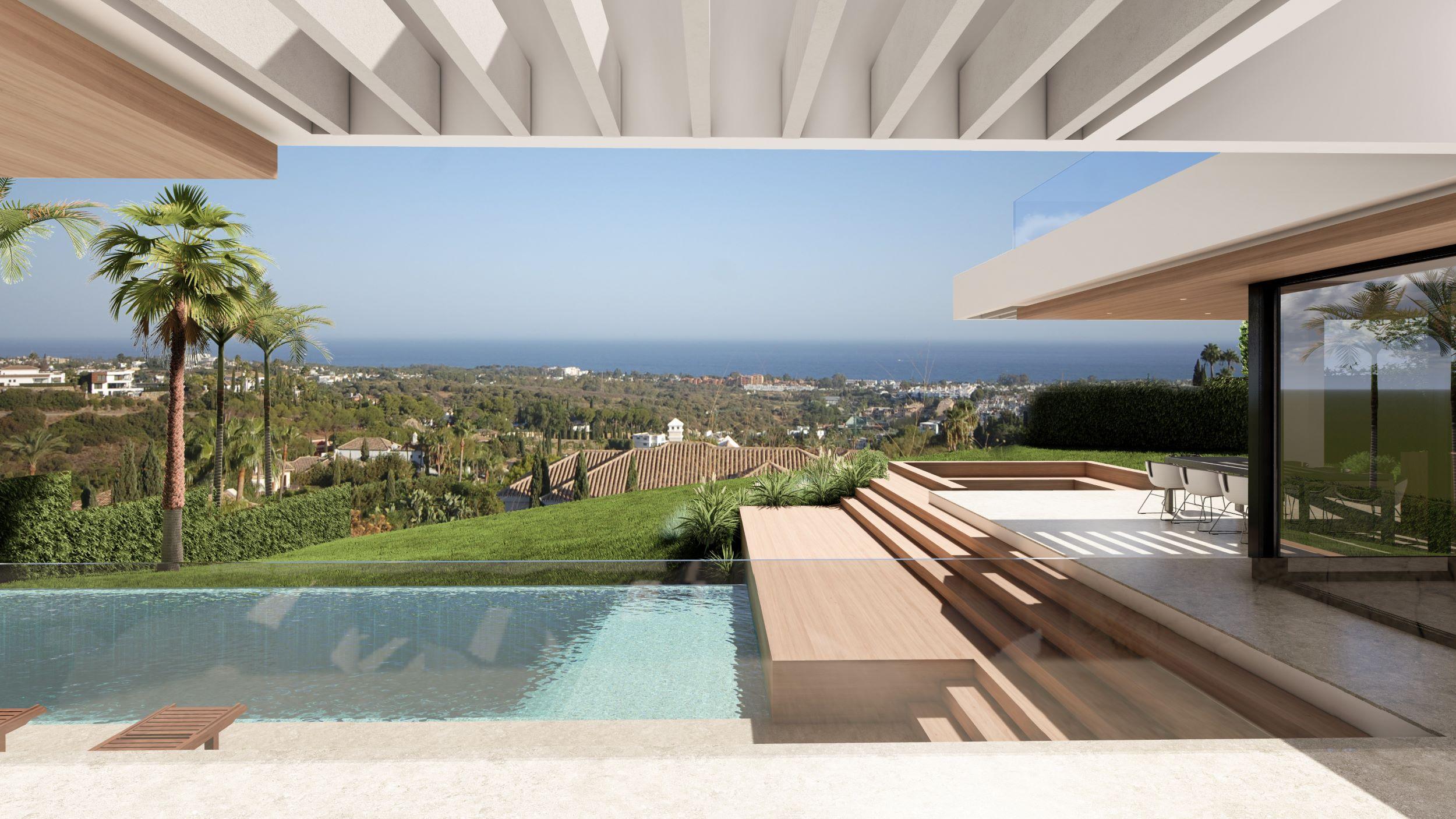 Solarium level with open-air space above main structure in new-build villa, Los Flamingos