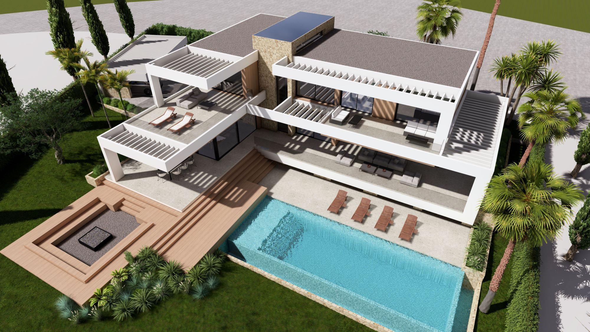 Landscaped garden and plot surrounding new-build villa, Los Flamingos, Benahavis