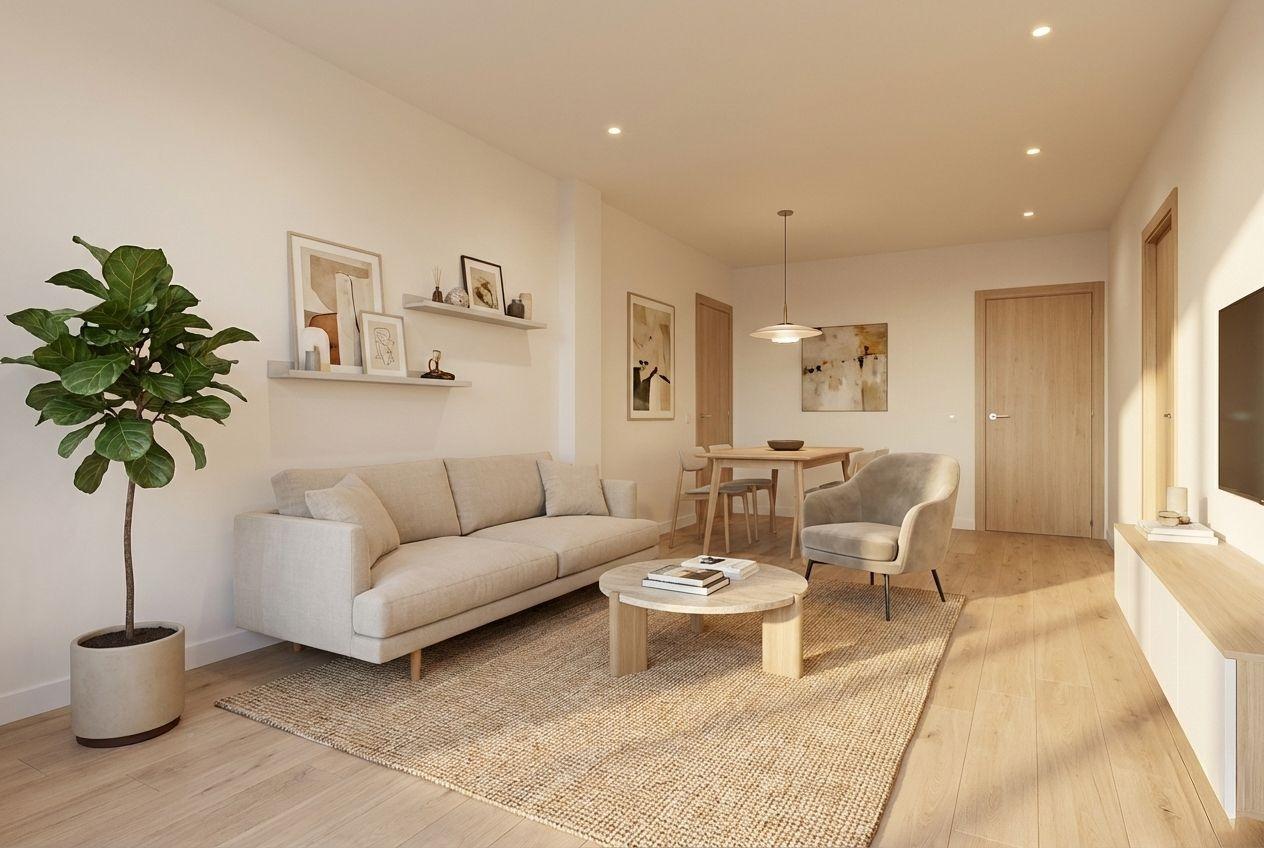 Living and dining space with tiled floor in 3-bedroom penthouse, Playa del Cura