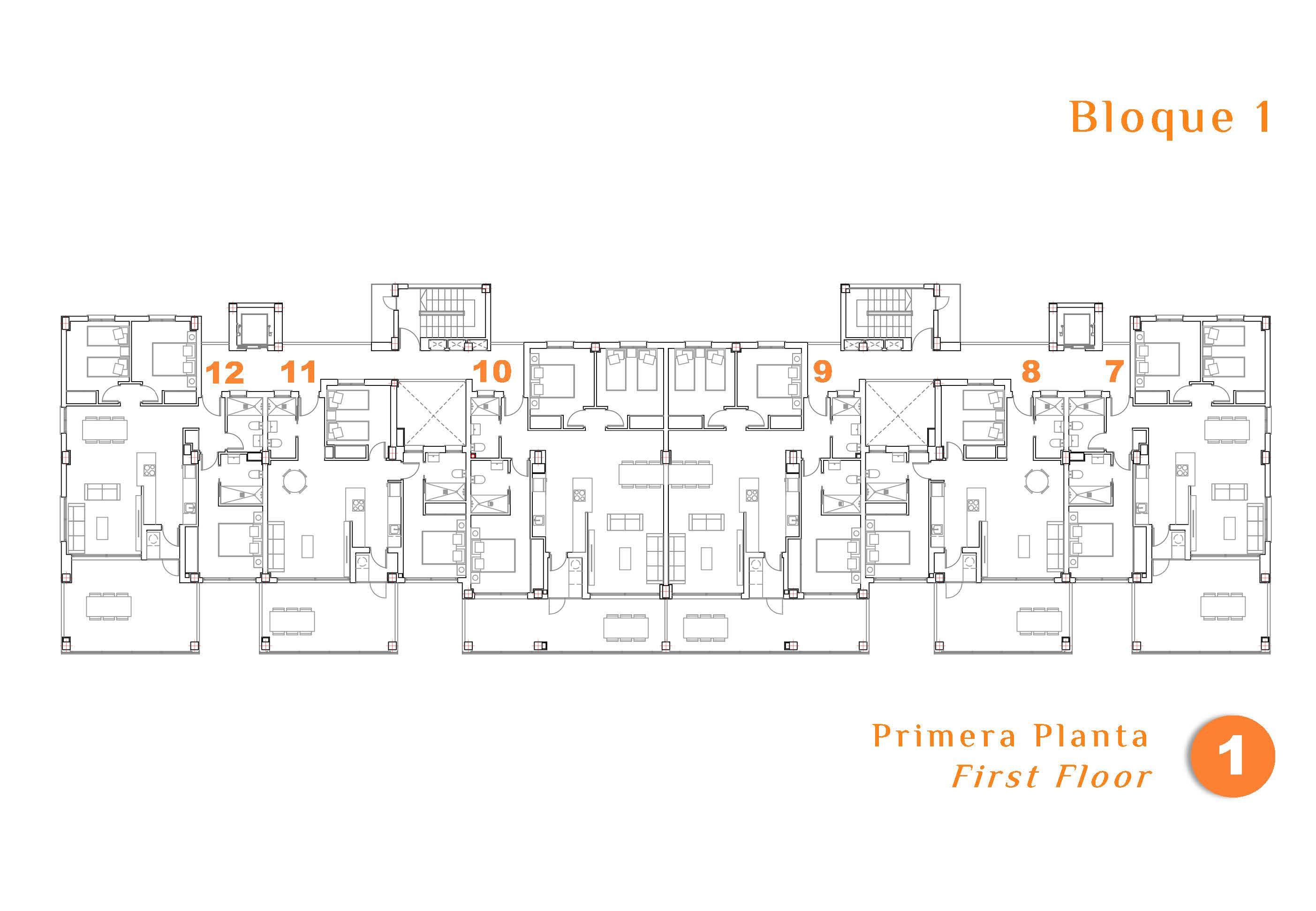 Floor plan of 3-bedroom first-floor apartment, Pueblo, San Miguel de Salinas