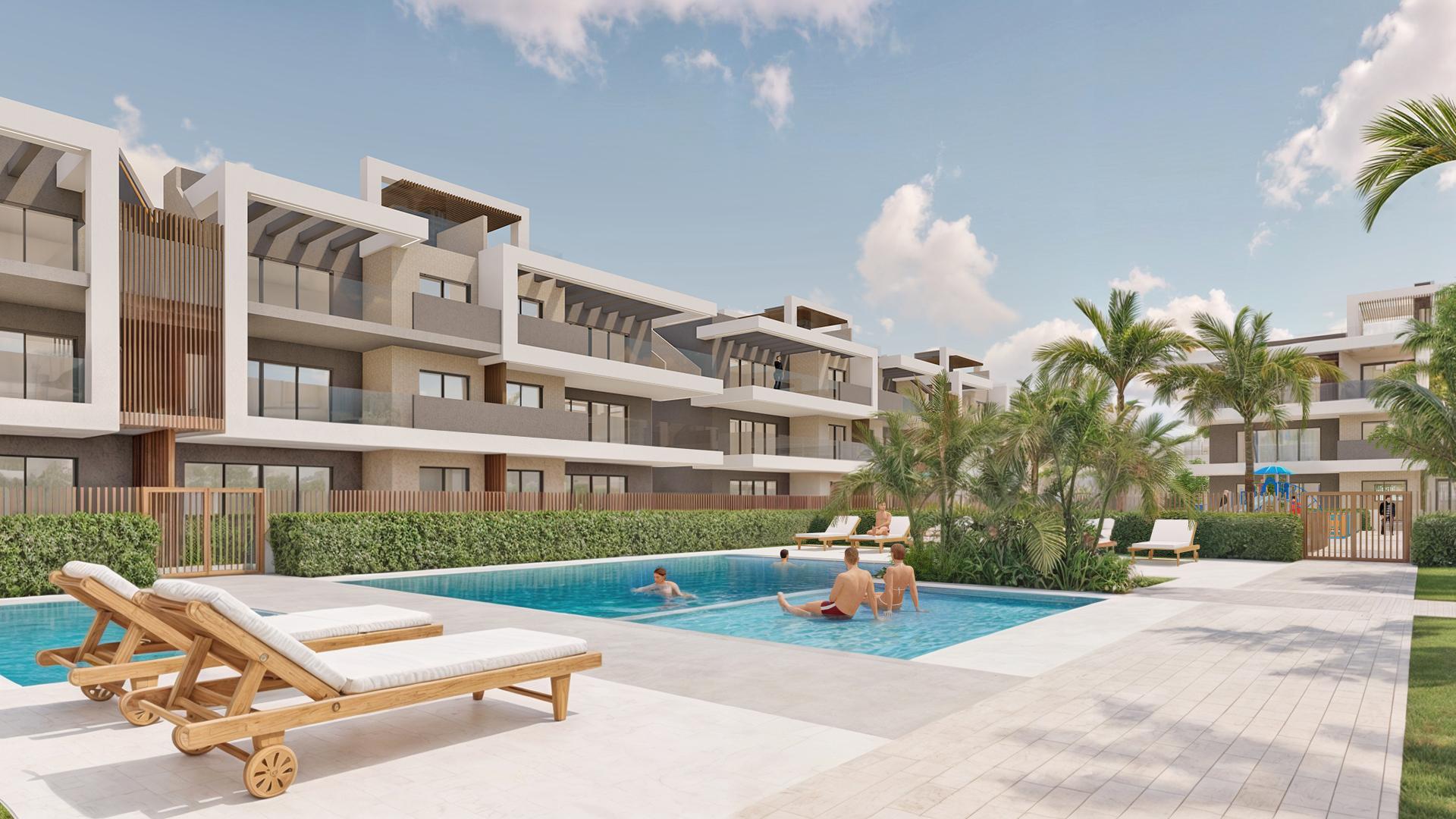 Private terrace with balustrade and garden views, first-floor apartment, La Torre de la Horadada