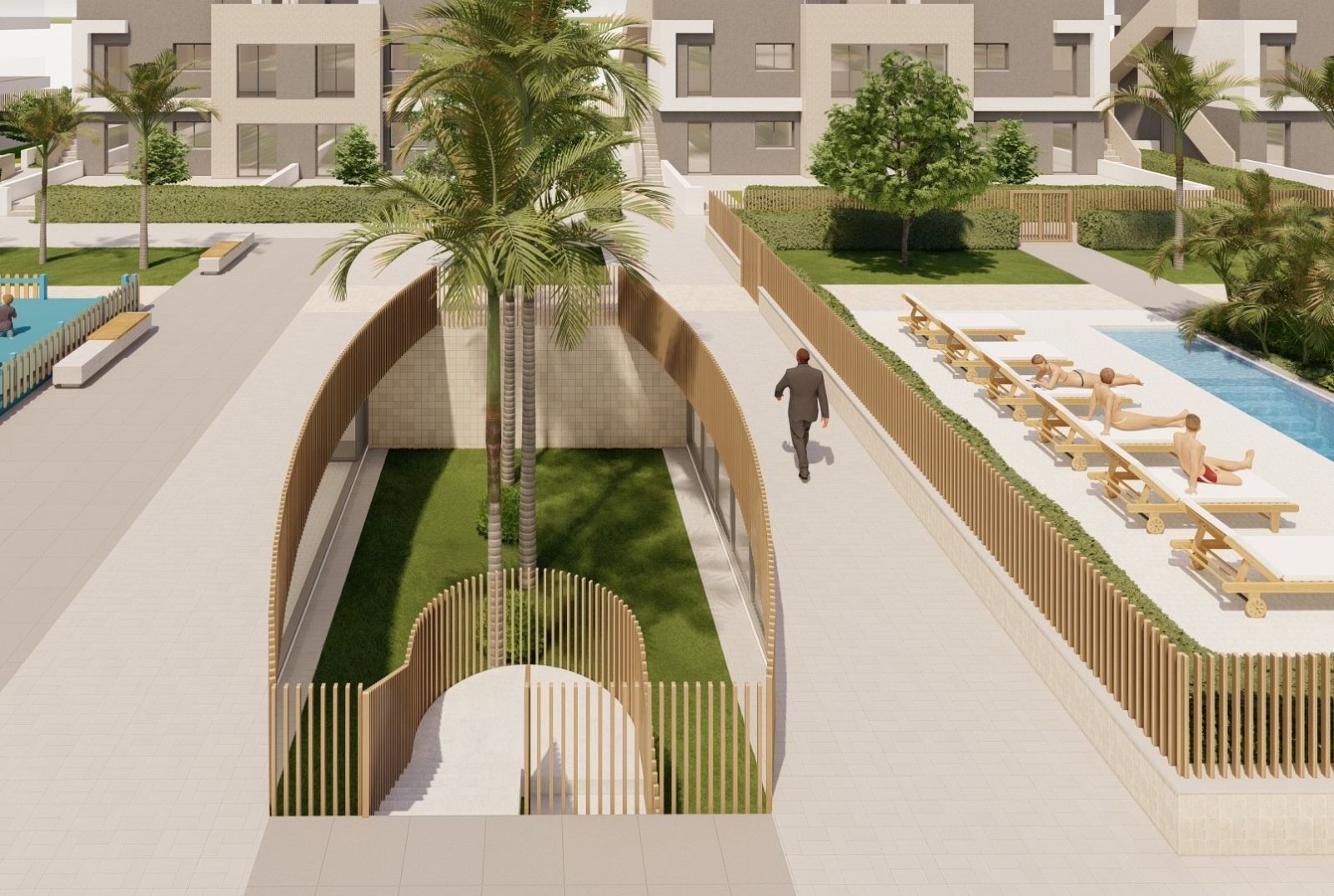 Paved communal pathway between landscaped garden beds, La Torre de la Horadada