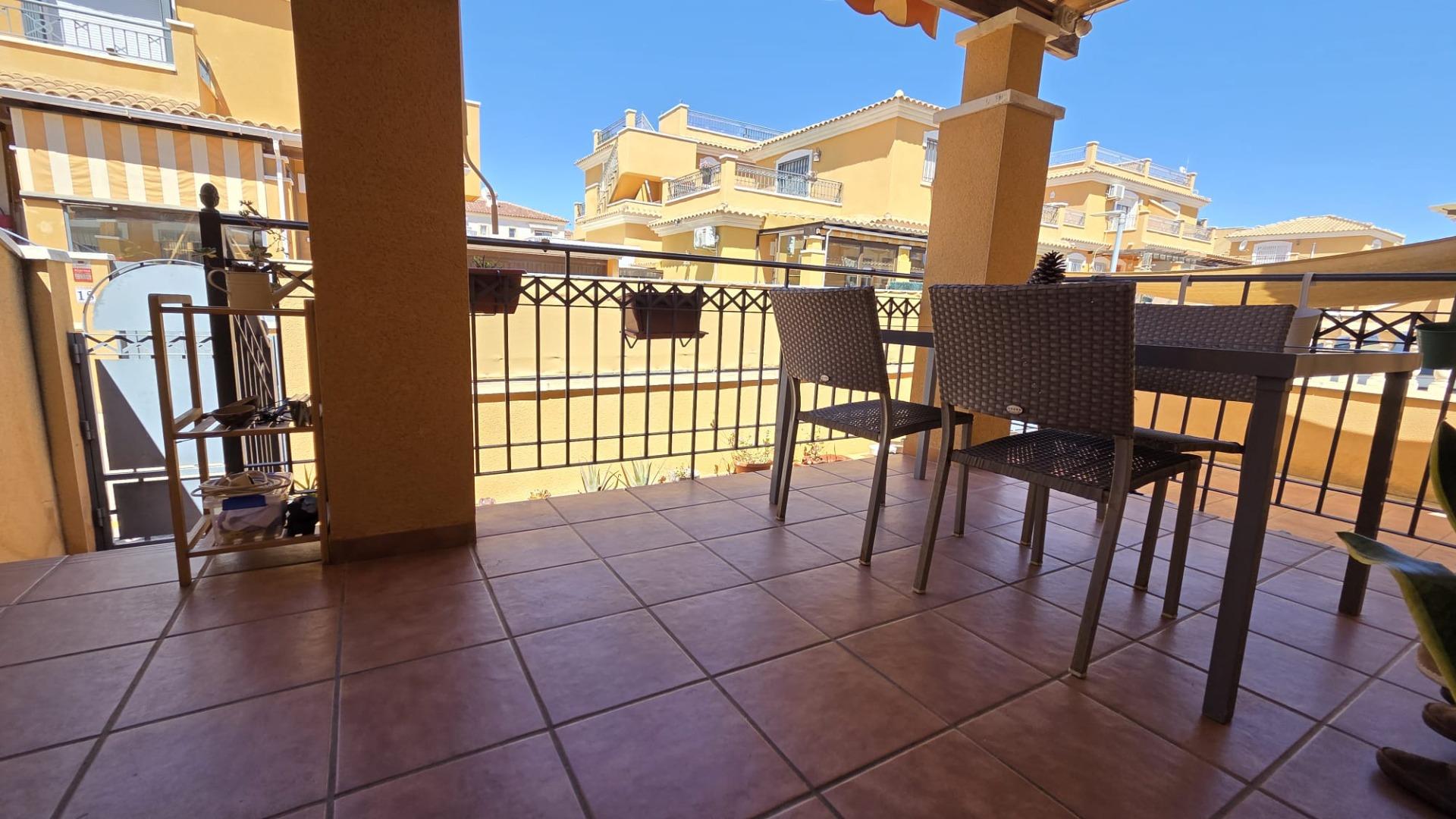 Exterior facade detail of 3-bedroom corner townhouse, Aguas Nuevas, Torrevieja