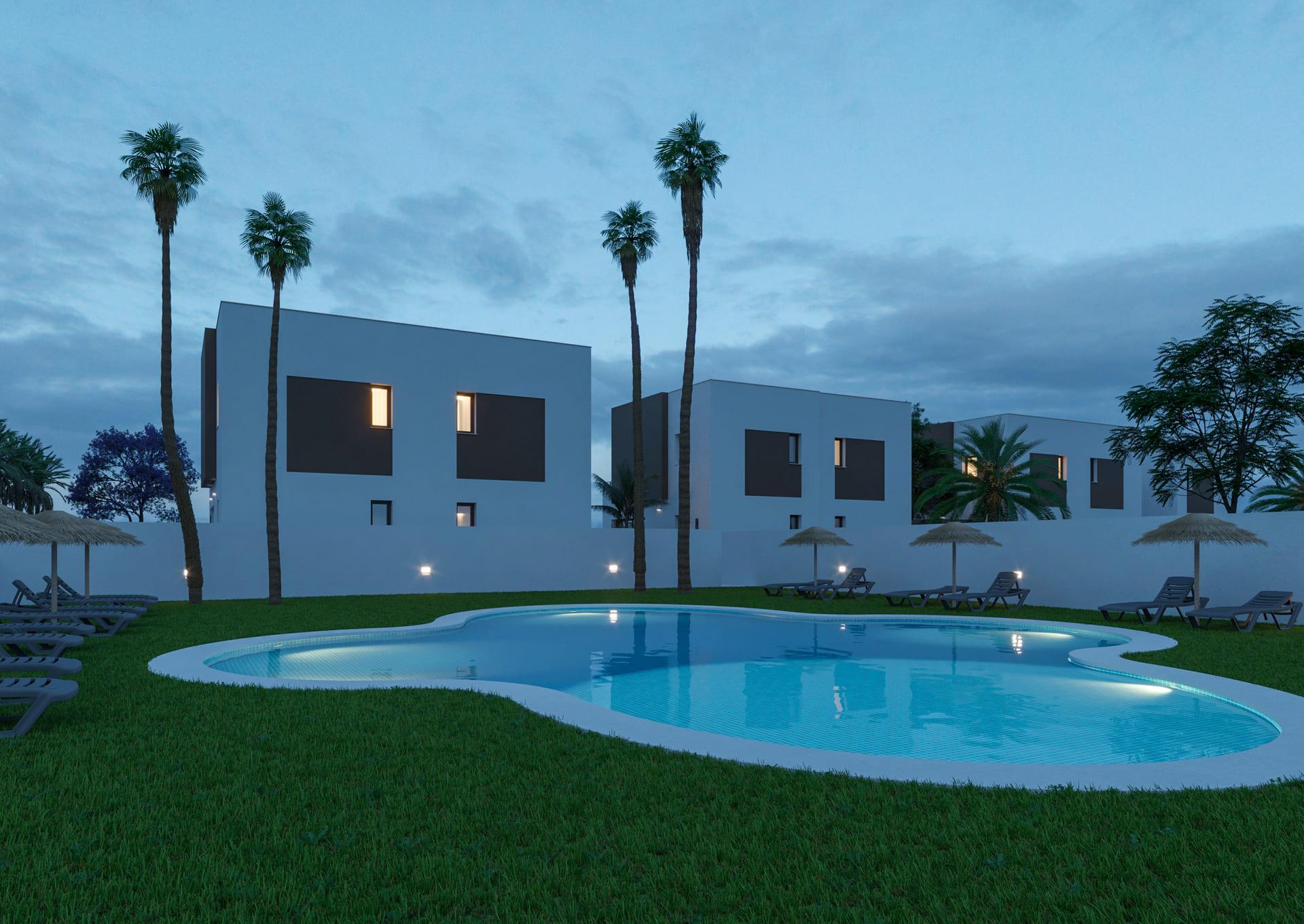 Open-plan living area with porcelain tile flooring in 3-bedroom townhouse, El Pinet