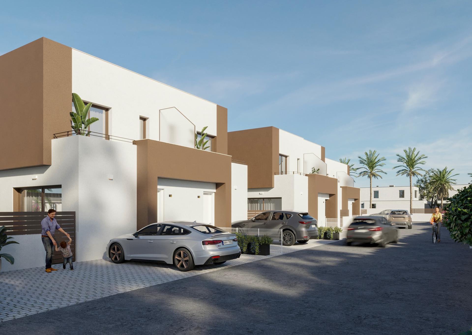 Facade detail showing electric shutters on new-build townhouse, El Pinet