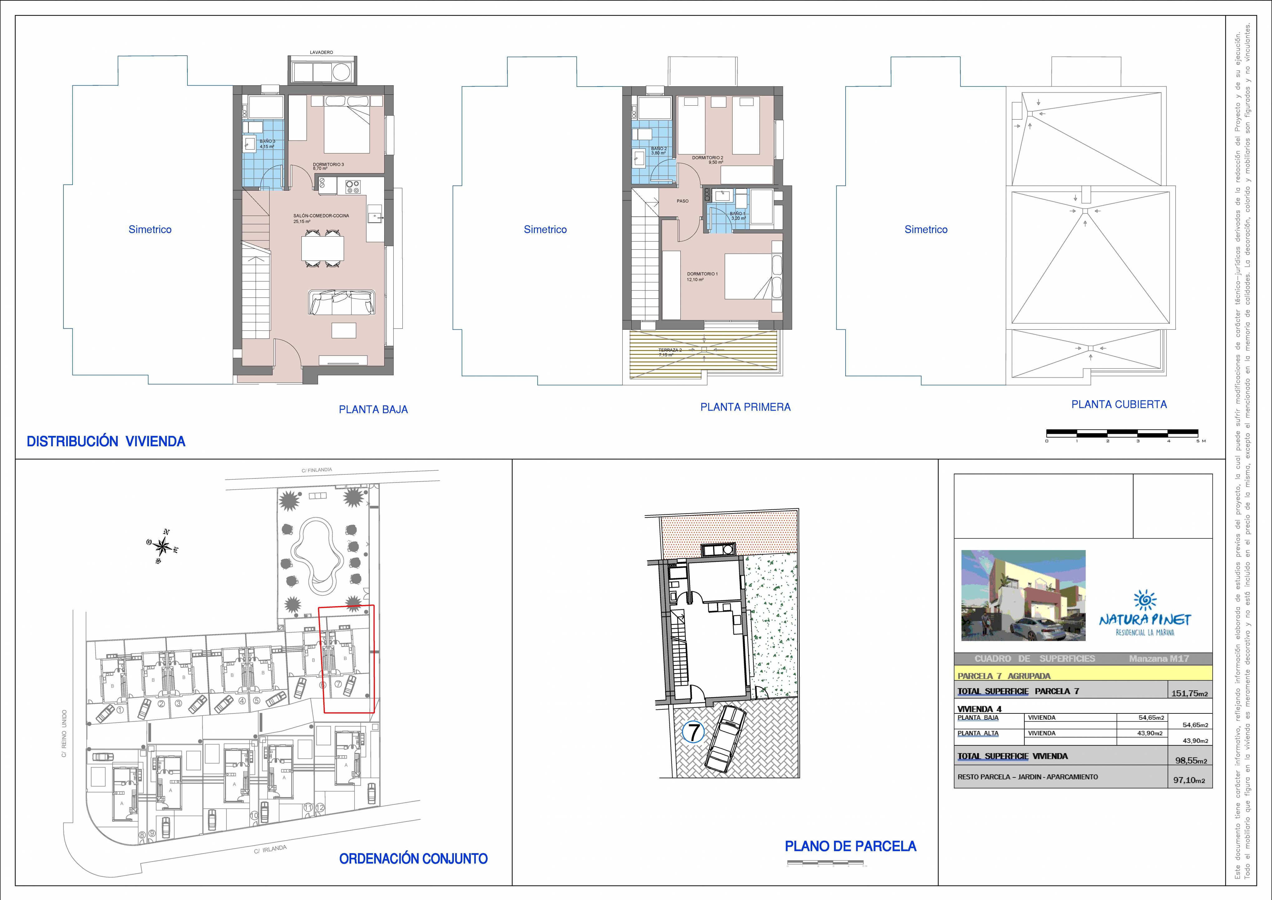 Floor plan showing 98 m2 layout of 3-bedroom townhouse, El Pinet
