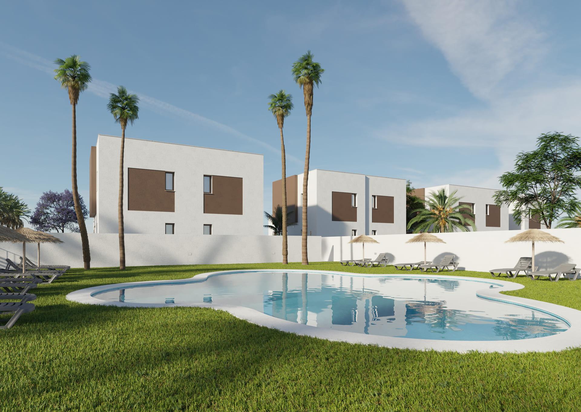 Open-plan kitchen and dining area with integrated appliances in new-build townhouse, El Pinet