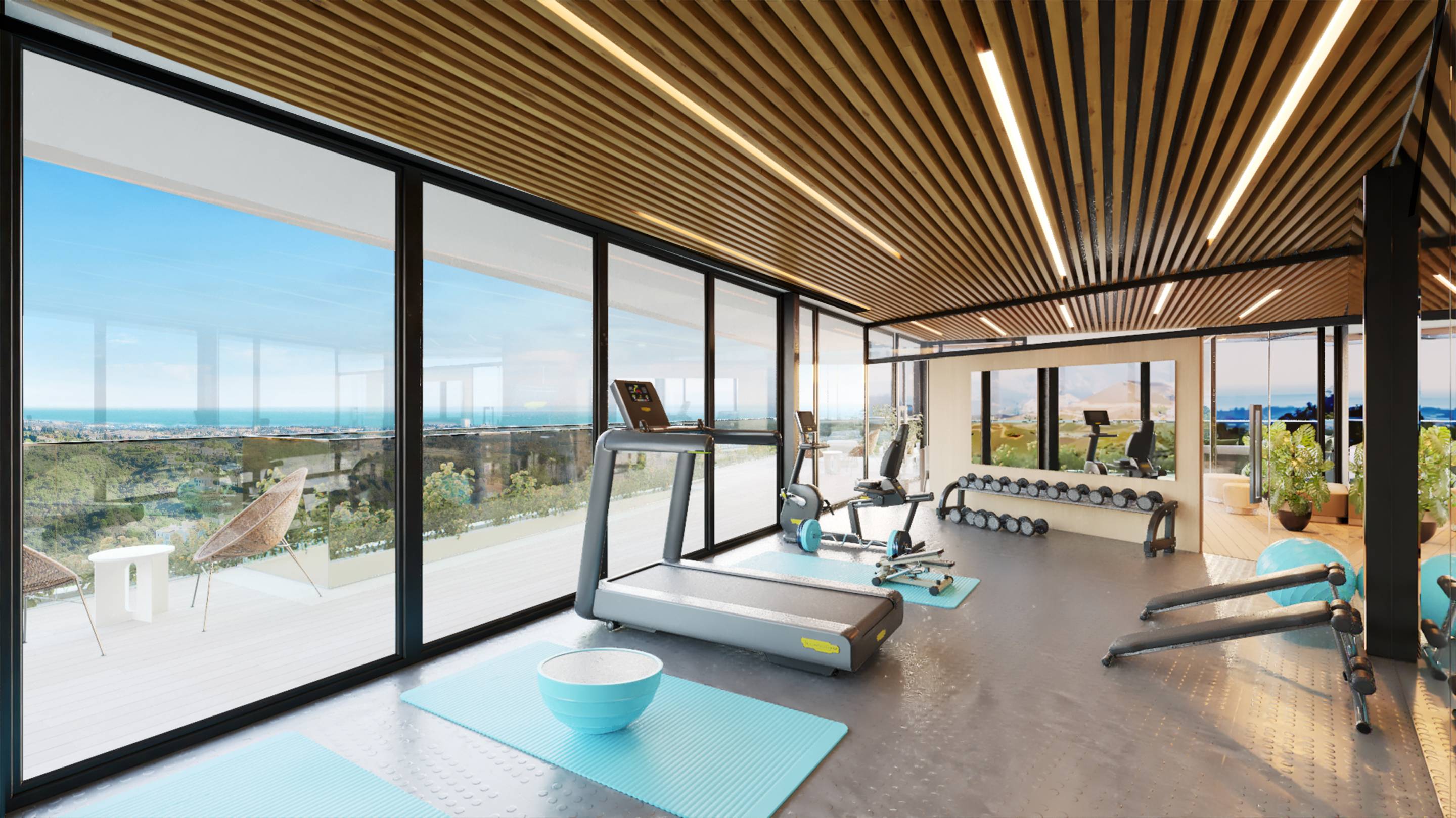 Outdoor seating area on private solarium of new-build penthouse, La Quinta, Benahavis