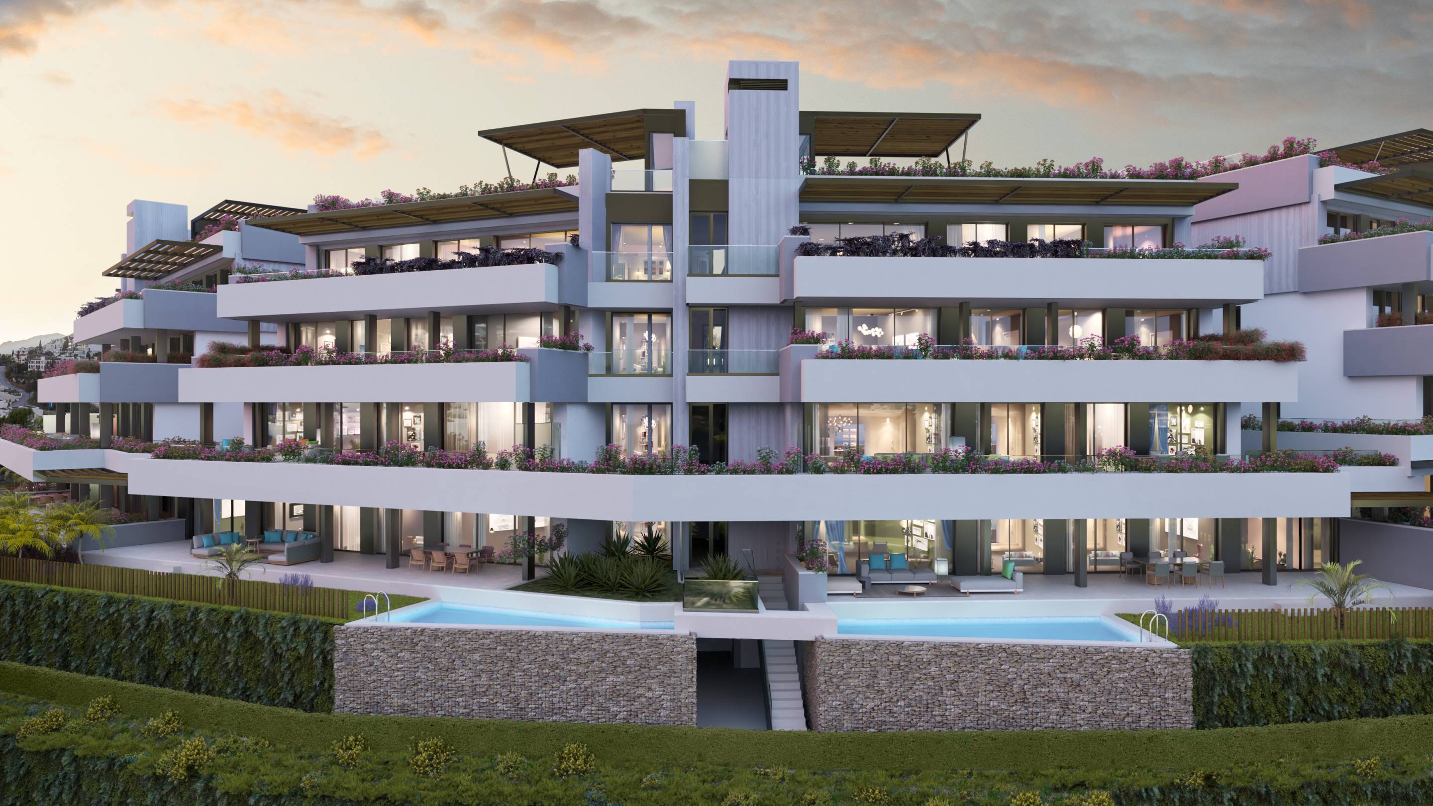 Communal pool area within new-build residential development, La Quinta, Benahavis