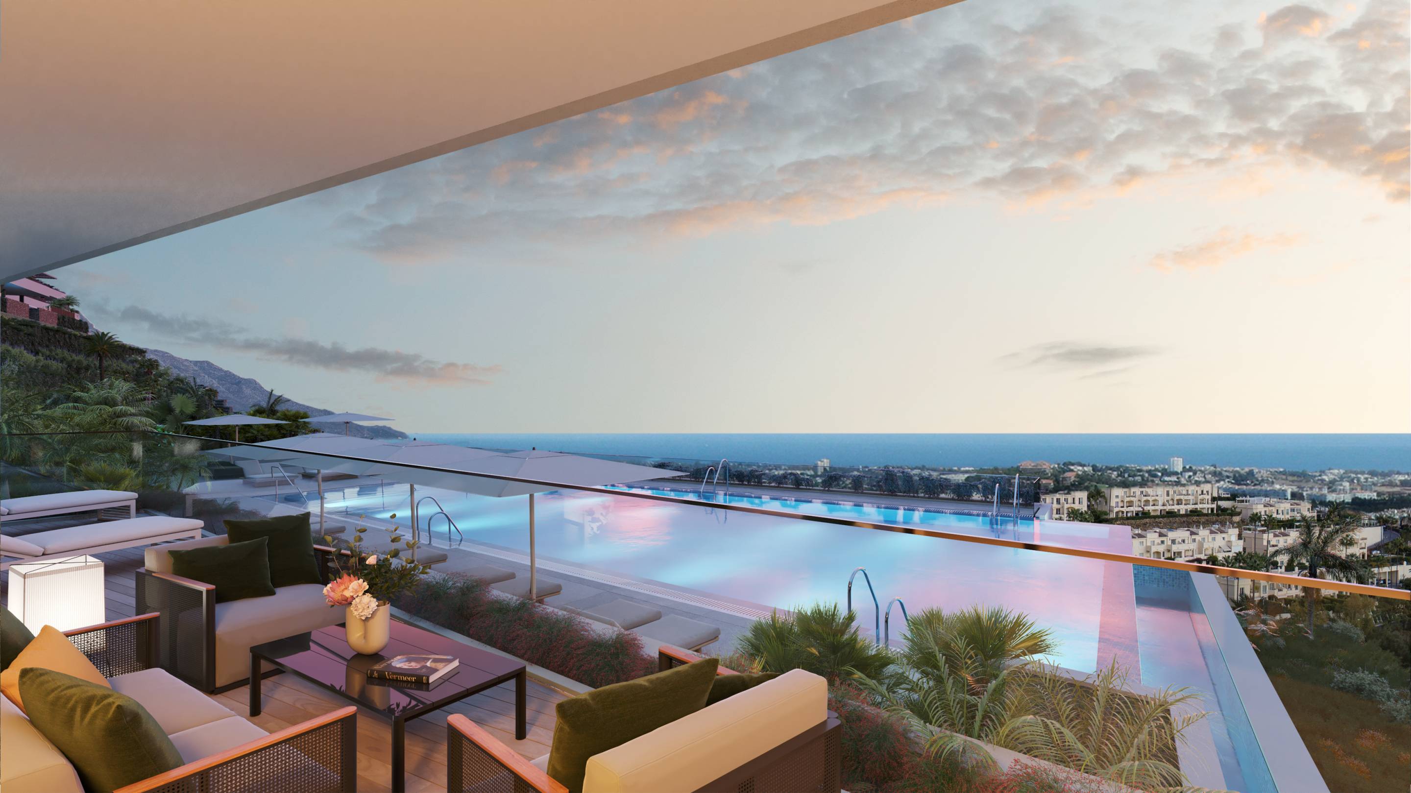 Landscaped communal gardens within new-build development, La Quinta, Benahavis