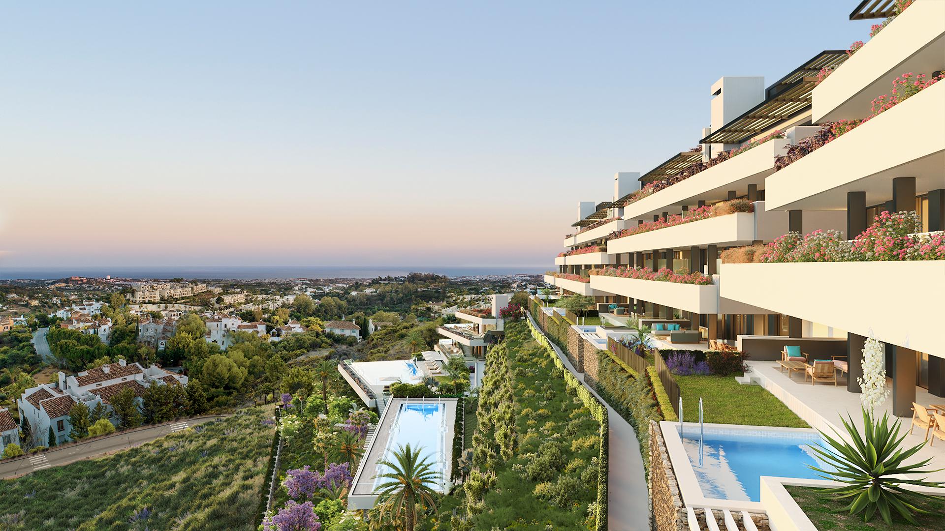 Open-plan living and dining area with porcelain tile flooring in 3-bedroom penthouse, La Quinta, Benahavis