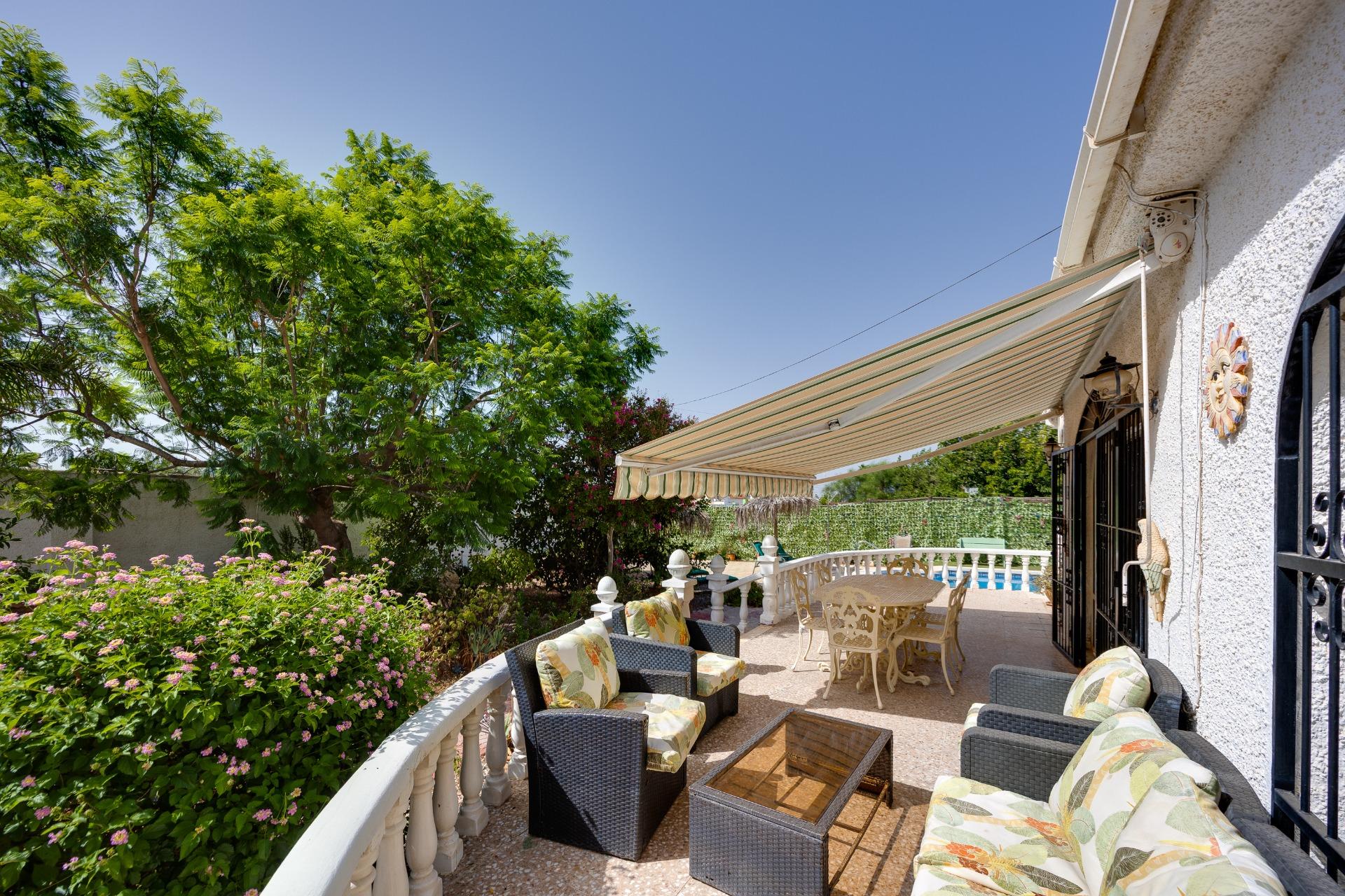 Garden boundary with mature trees at villa in La Siesta, Torrevieja