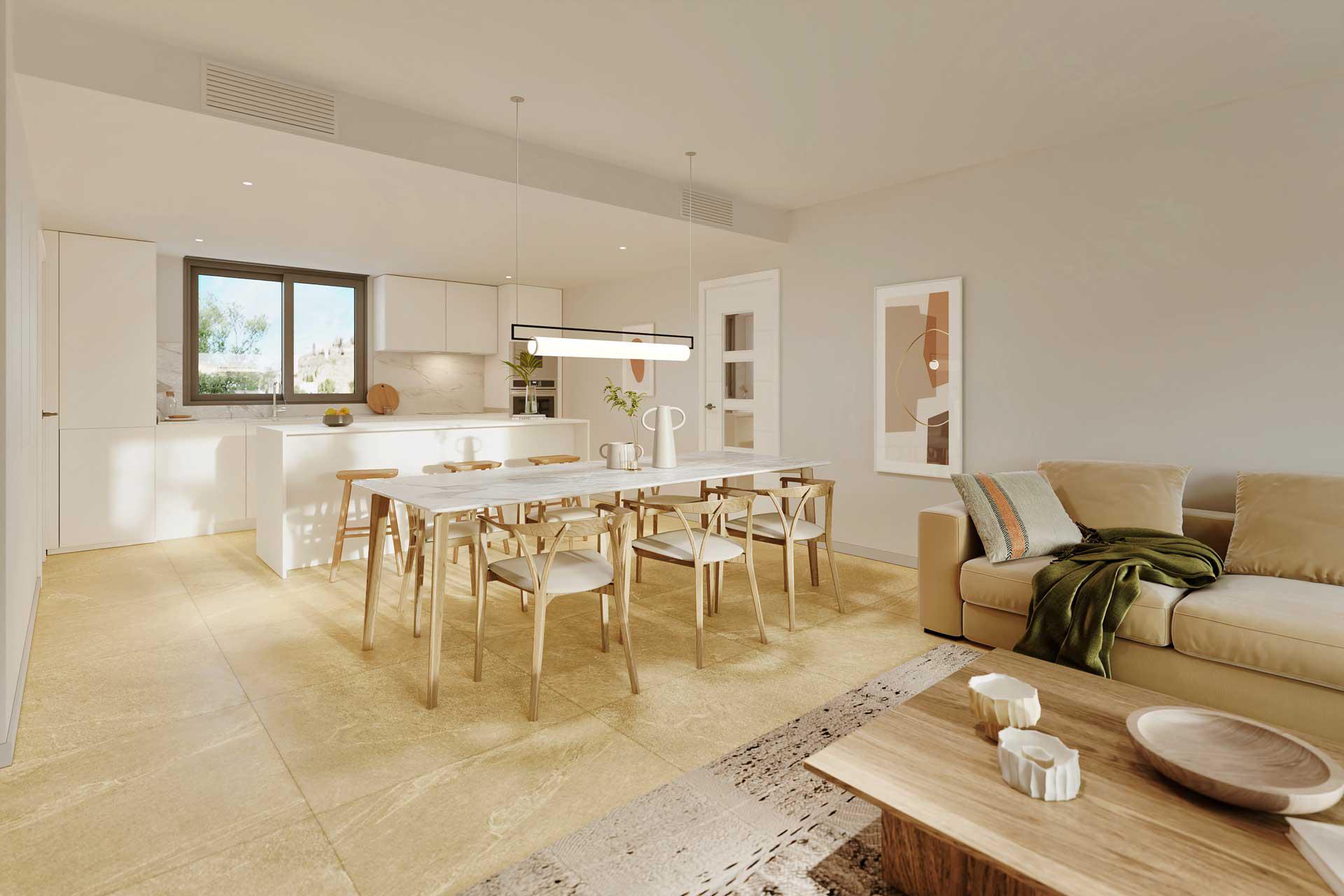 Open-plan living and dining area in 3-bedroom top-floor new-build apartment, Las Mesas, Estepona