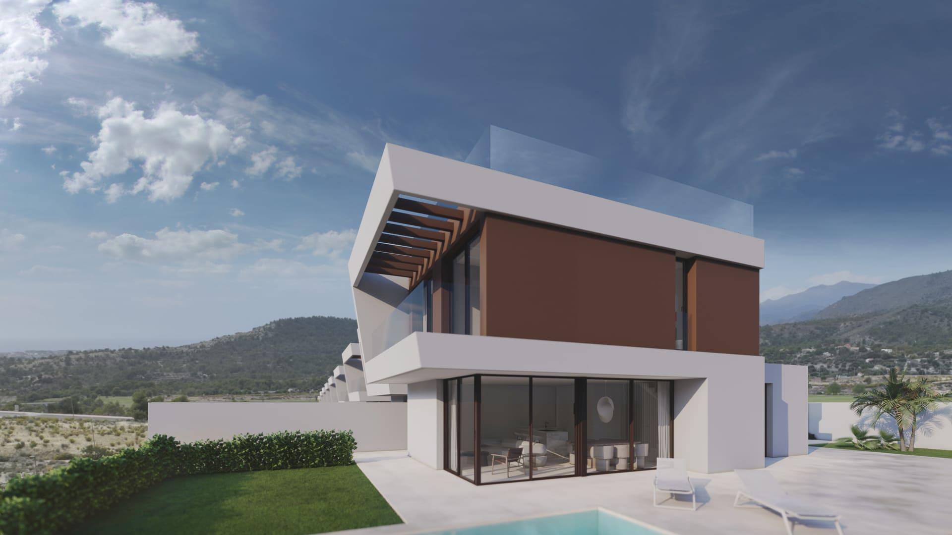 Street-level view of new-build villa development, Golf Puig Campana, Finestrat