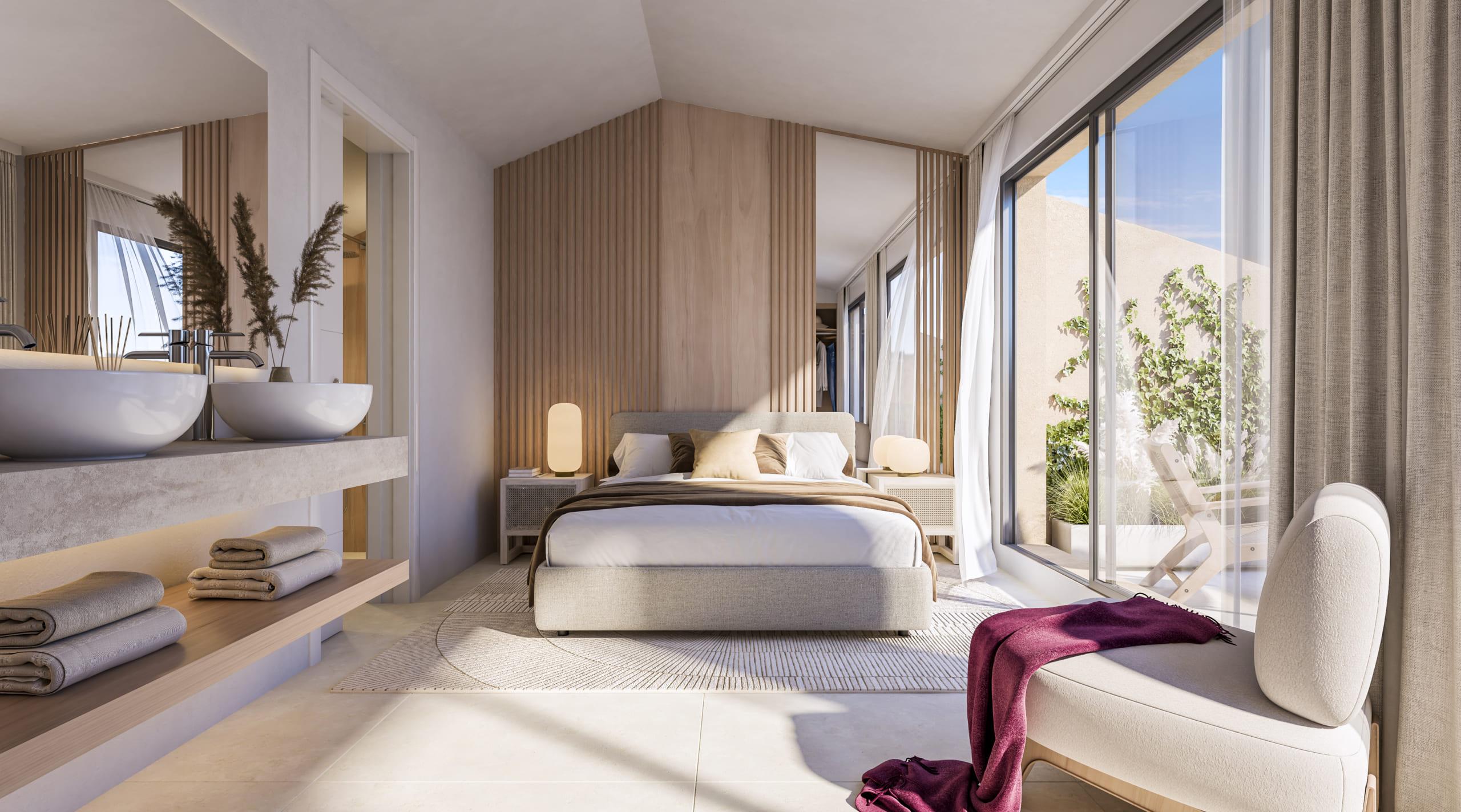 Open living area with large windows in 3-bedroom new-build apartment, Cortijo Torrequebrada, Benalmádena
