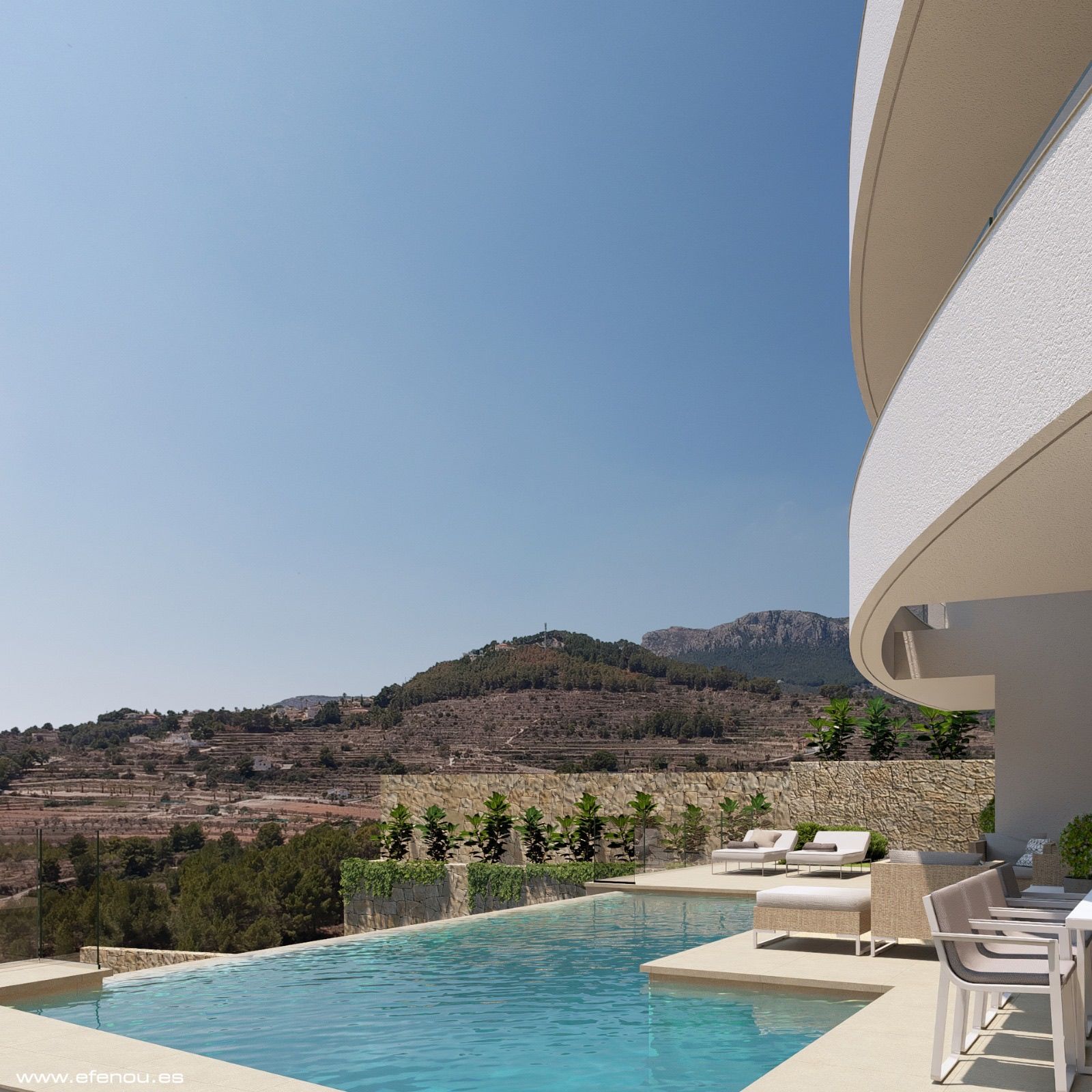 Outdoor space of new-build villa showing 1,042 m2 private plot, Cometa-Carrió, Calpe