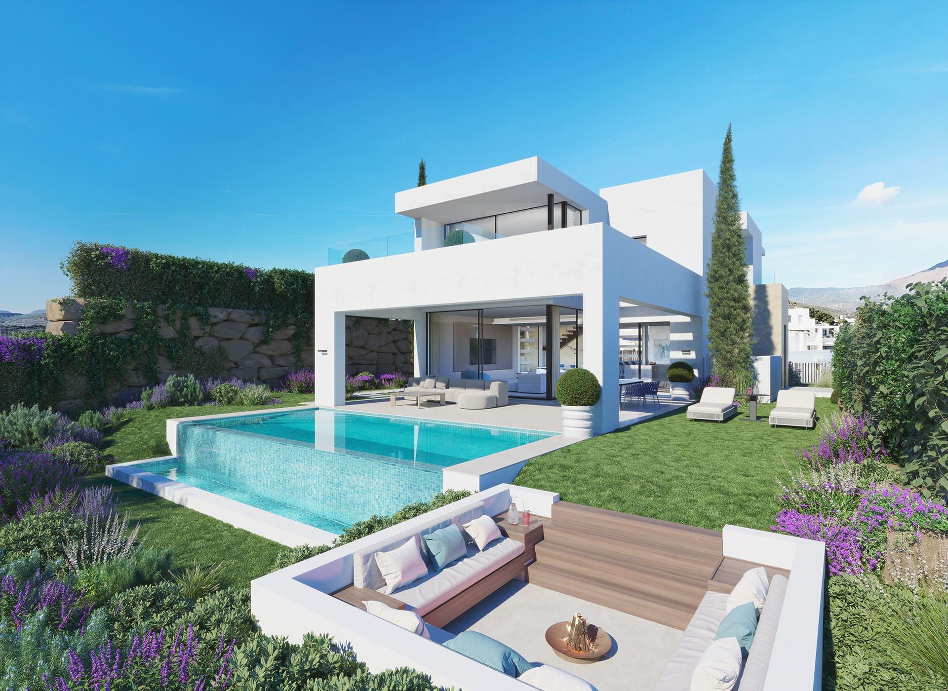 Side exterior view of new-build villa showing plot boundary, Estepona Golf, Estepona