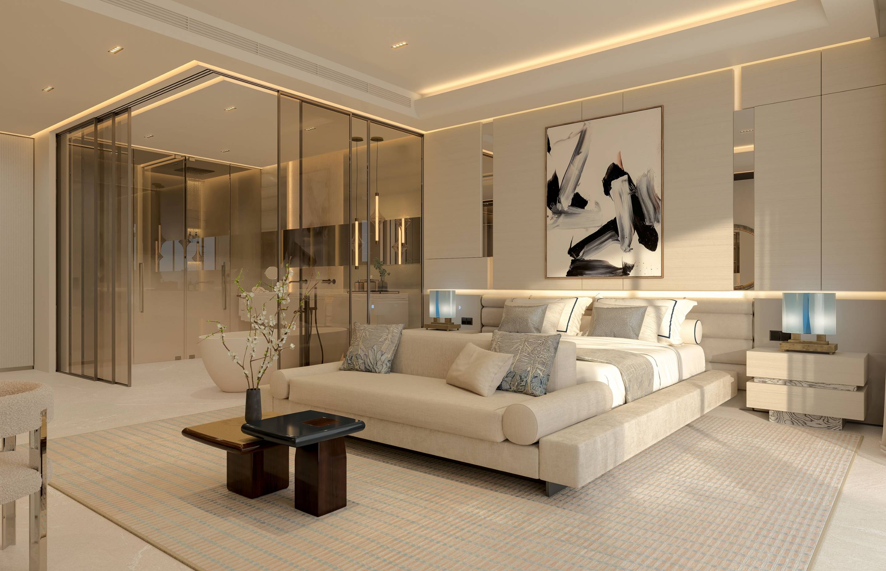 Lounge area showing ceiling height and floor finish in new-build apartment, Los Llanos, Estepona