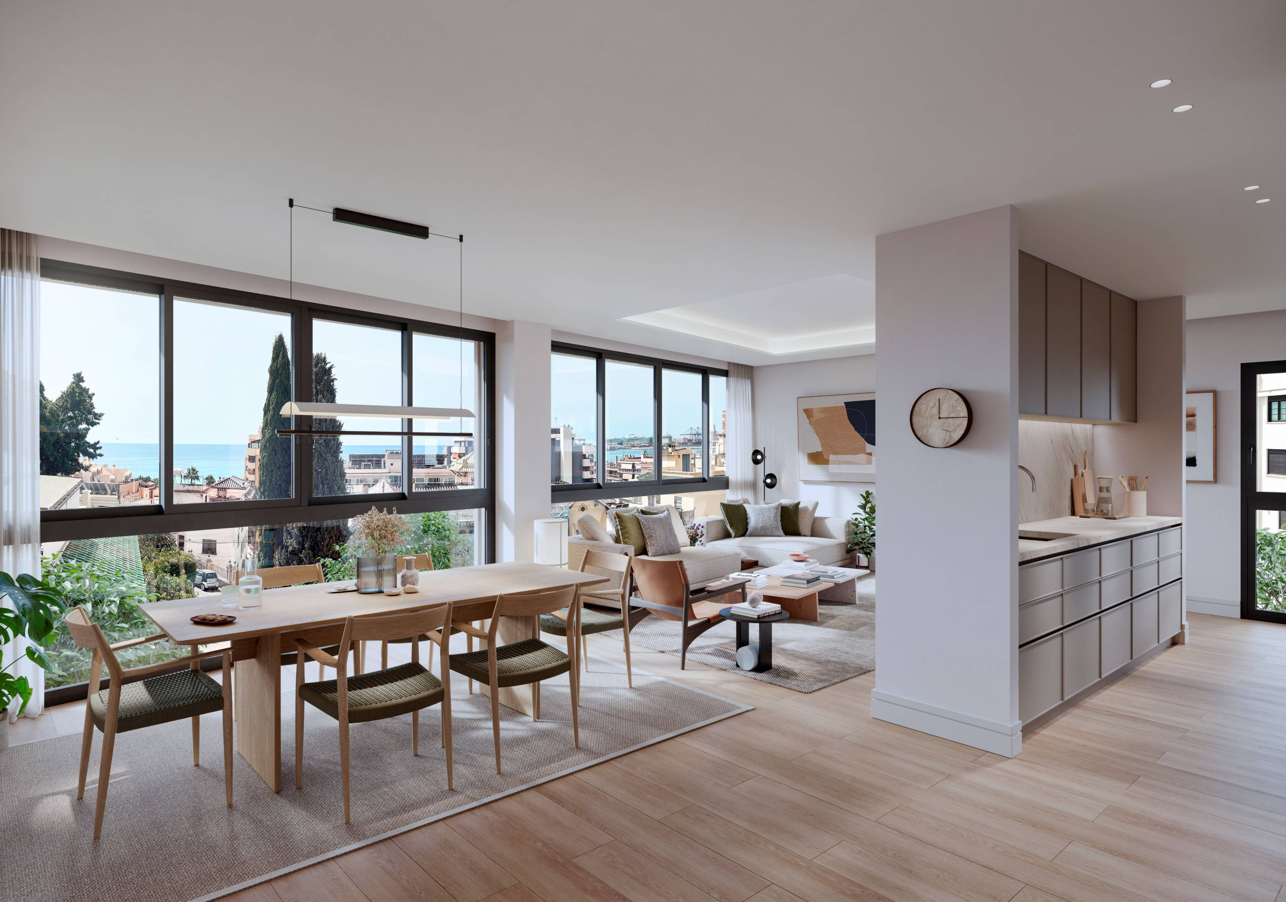 Living room with floor-to-ceiling glazing in penthouse, Malagueta, Málaga