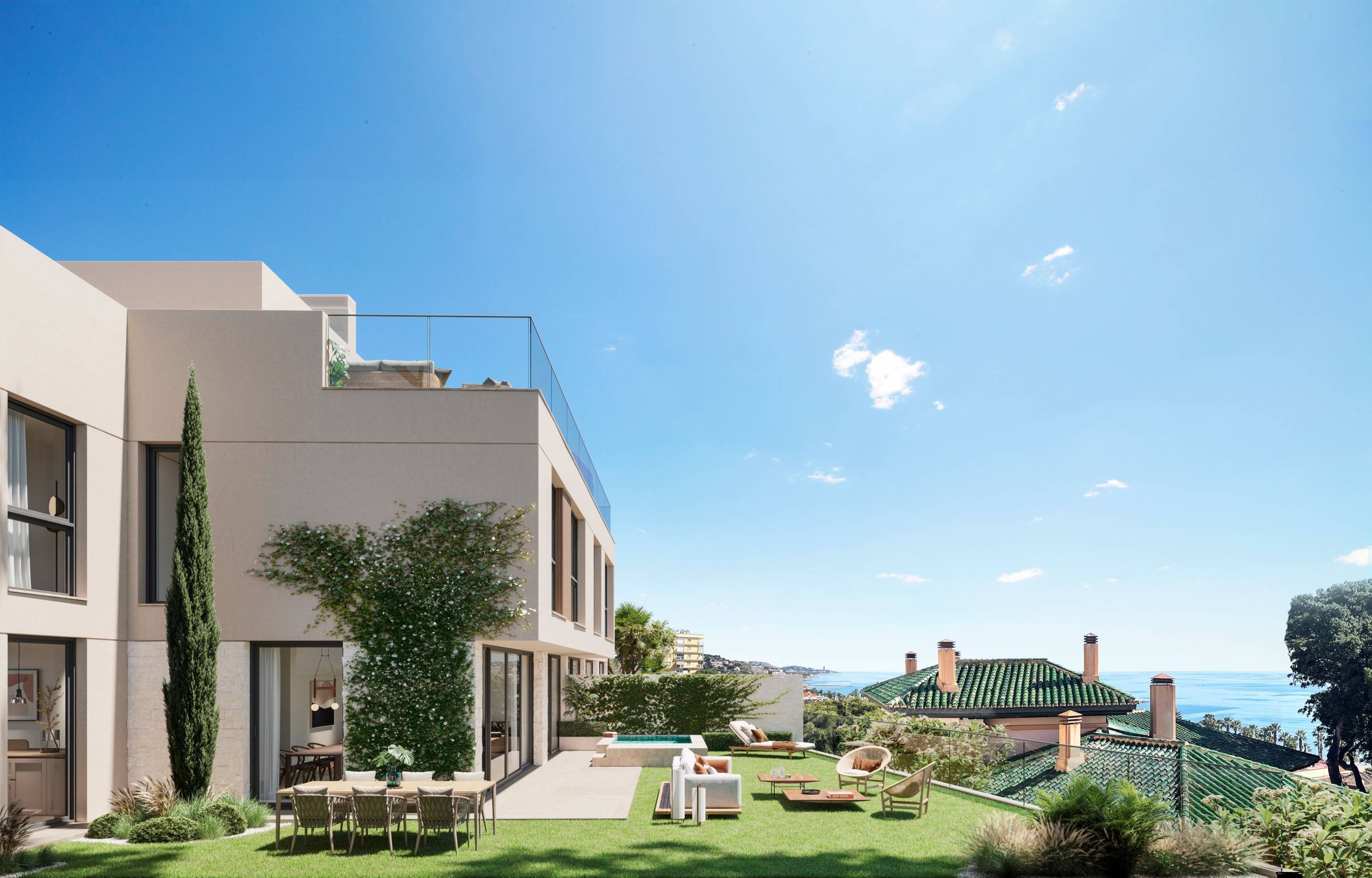 Upper-floor exterior of new-build penthouse development, Malagueta, Málaga