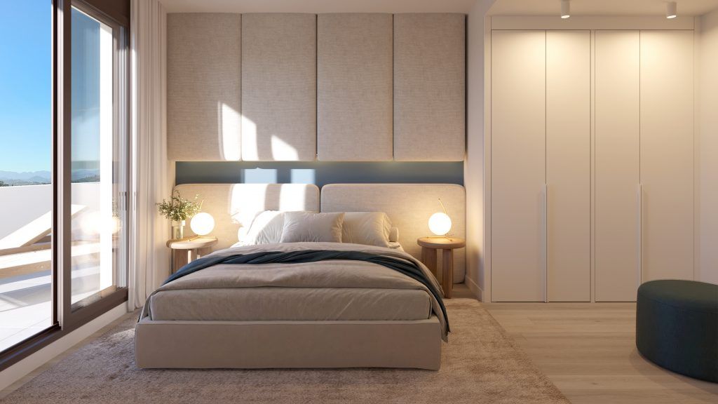 Second bedroom with built-in wardrobe and porcelain tile floor