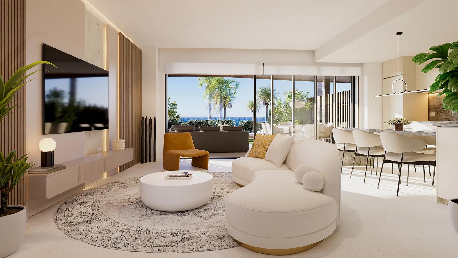 Living room with floor-to-ceiling windows in new-build apartment, El Higuerón, Fuengirola