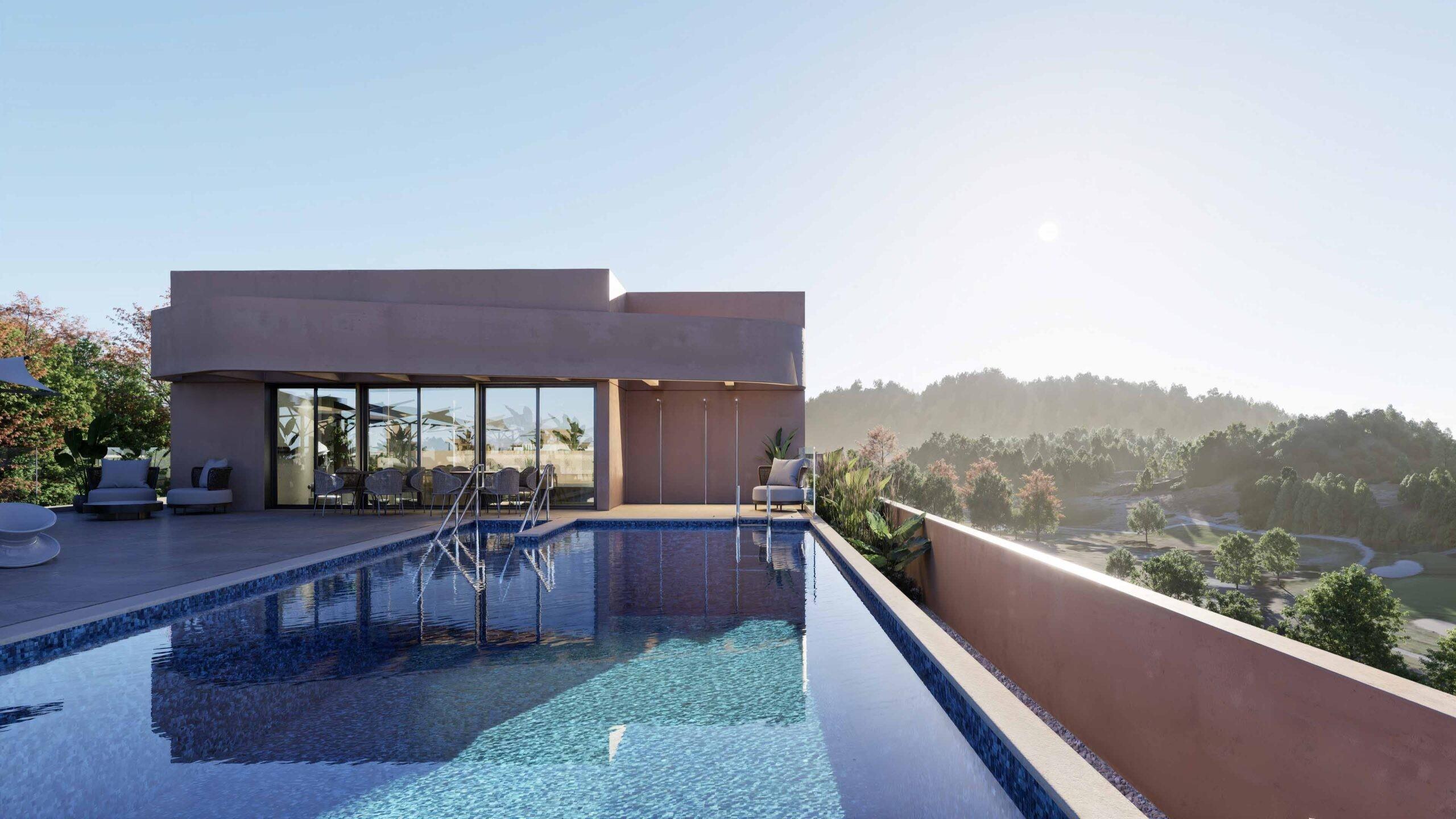 Window view from second-floor apartment in new-build development, Estepona Golf