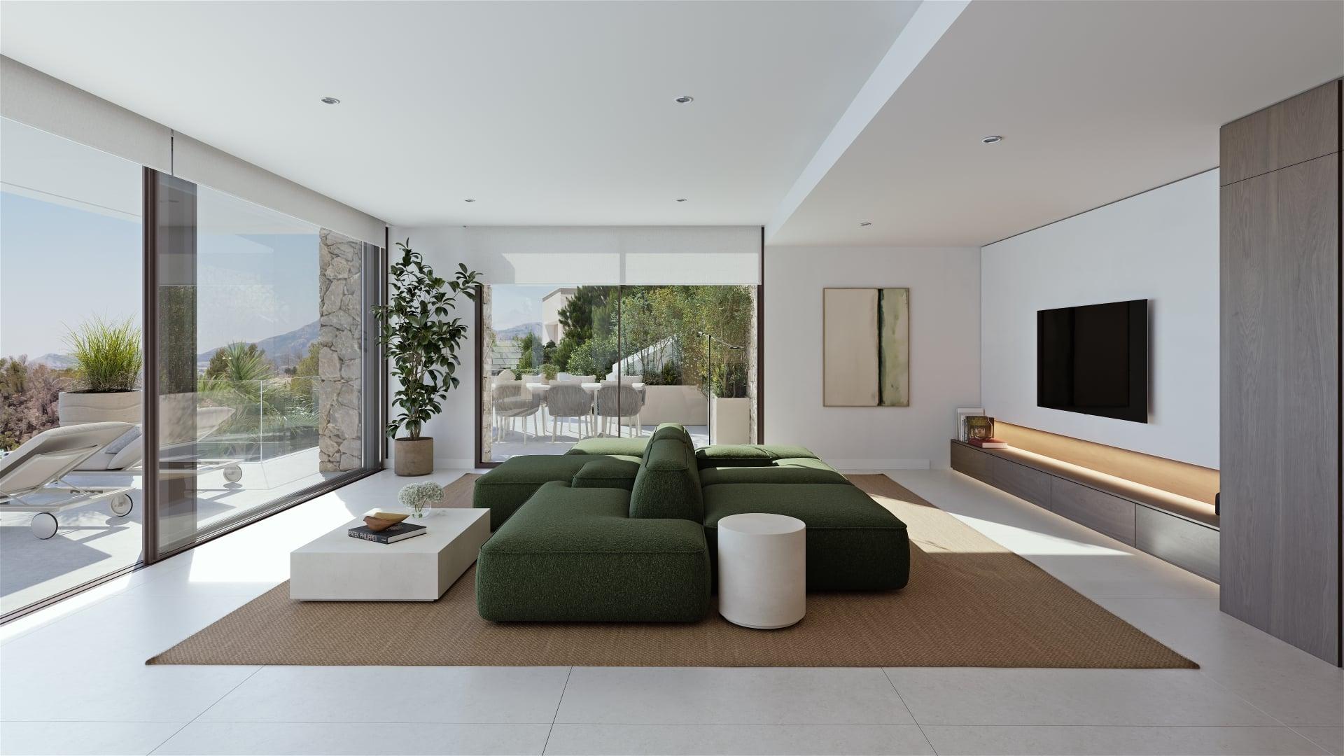 Open-plan living area with large-format glazing in 4-bedroom villa, Altea La Nova