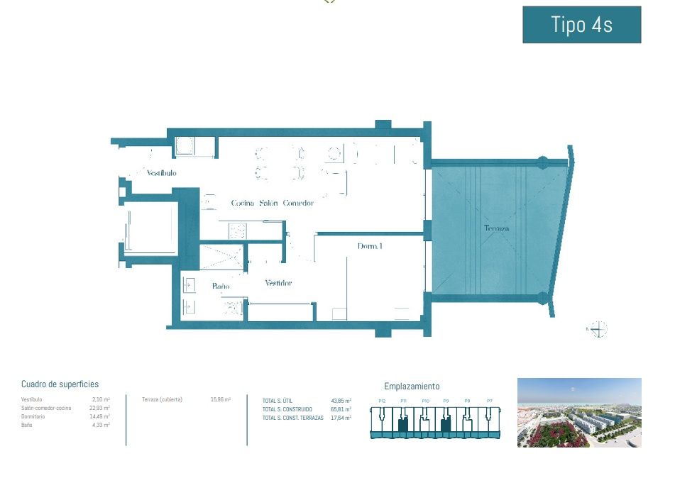 Floor plan of 65m2 1-bedroom apartment on fourth floor, Las Flores, Mijas