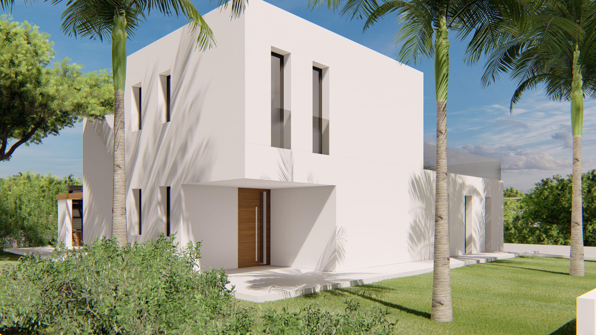 Front facade of new-build villa in Sierra Cortina, Finestrat, showing entrance elevation