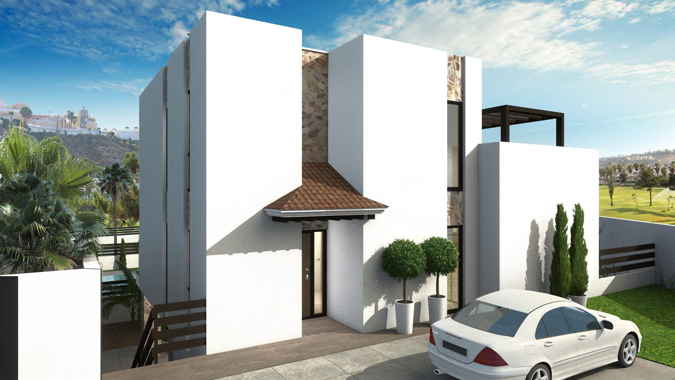 Exterior view at dusk of new-build villa in La Marquesa, Rojales