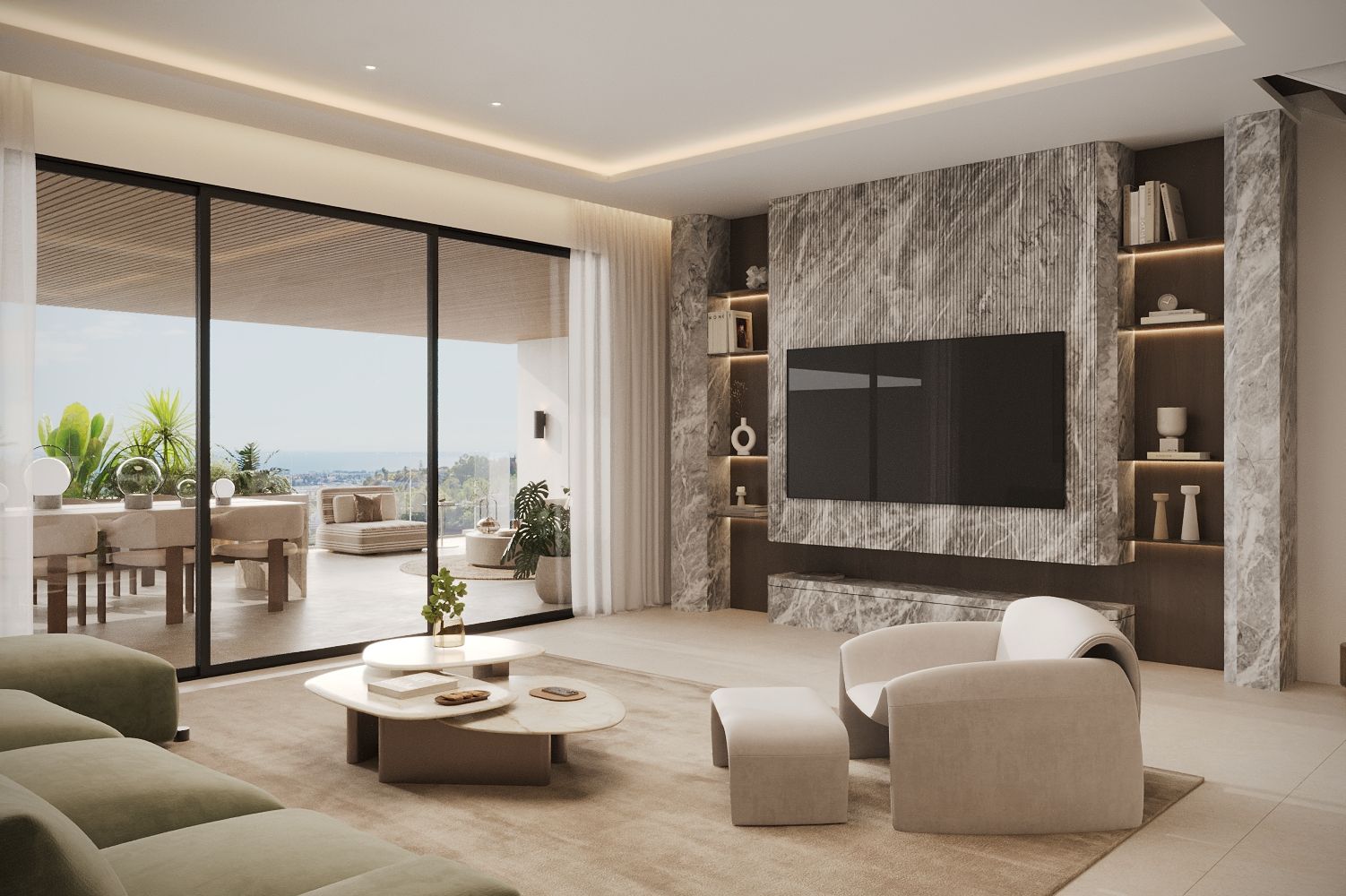 Landscaping around communal pool in new-build development, Nueva Milla De Oro, Estepona
