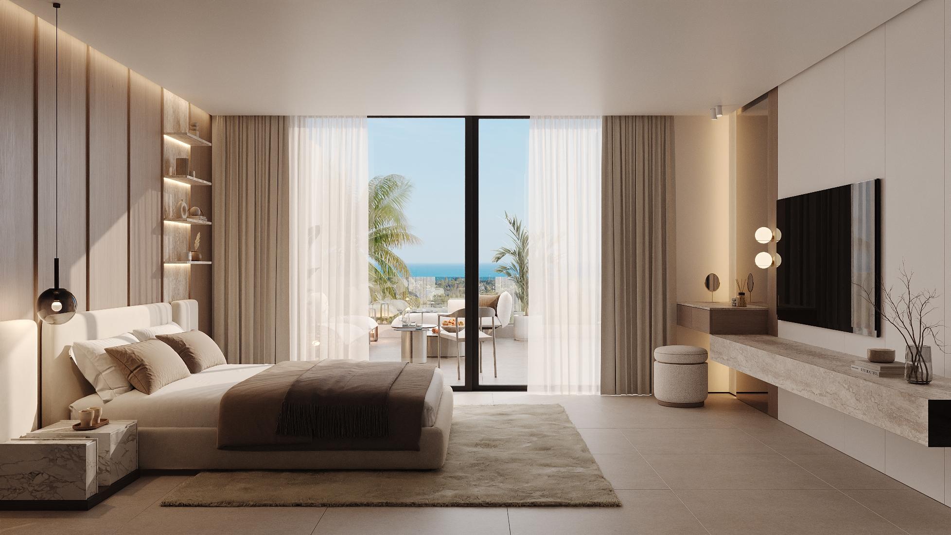Living room and kitchen in open-plan layout, 155 m2 new-build apartment, Nueva Milla De Oro, Estepona