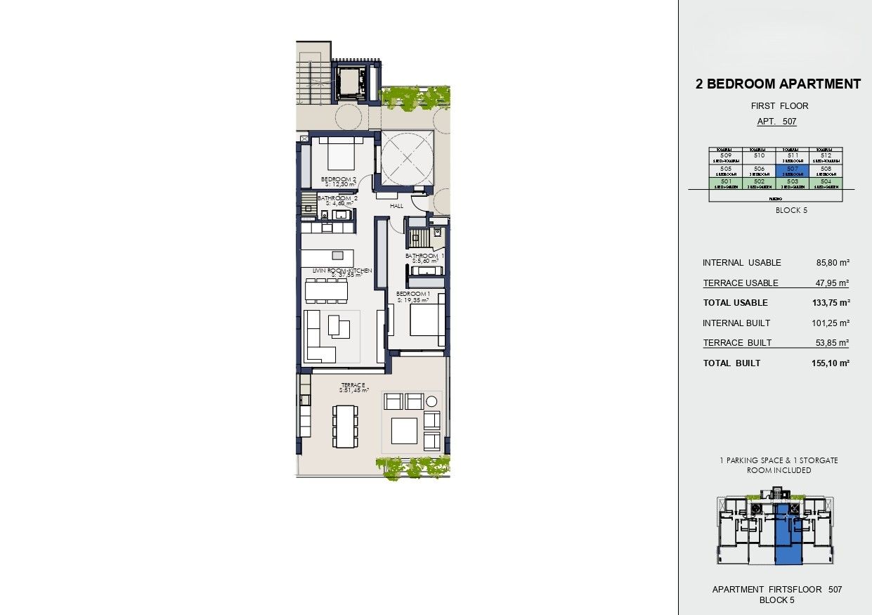 Floor plan of 2-bedroom first-floor apartment in new-build development, Nueva Milla De Oro, Estepona