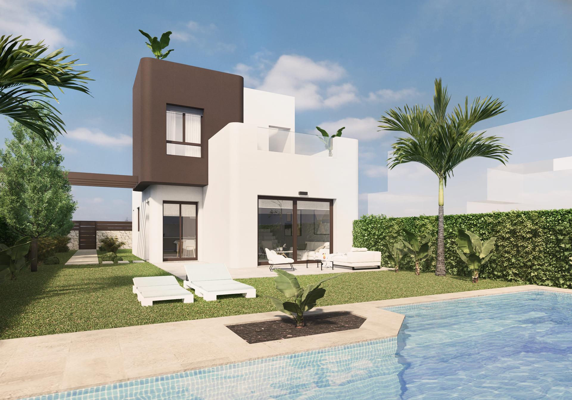 Open-plan living and dining area with tiled flooring in 3-bedroom new-build villa, Lo Romero Golf