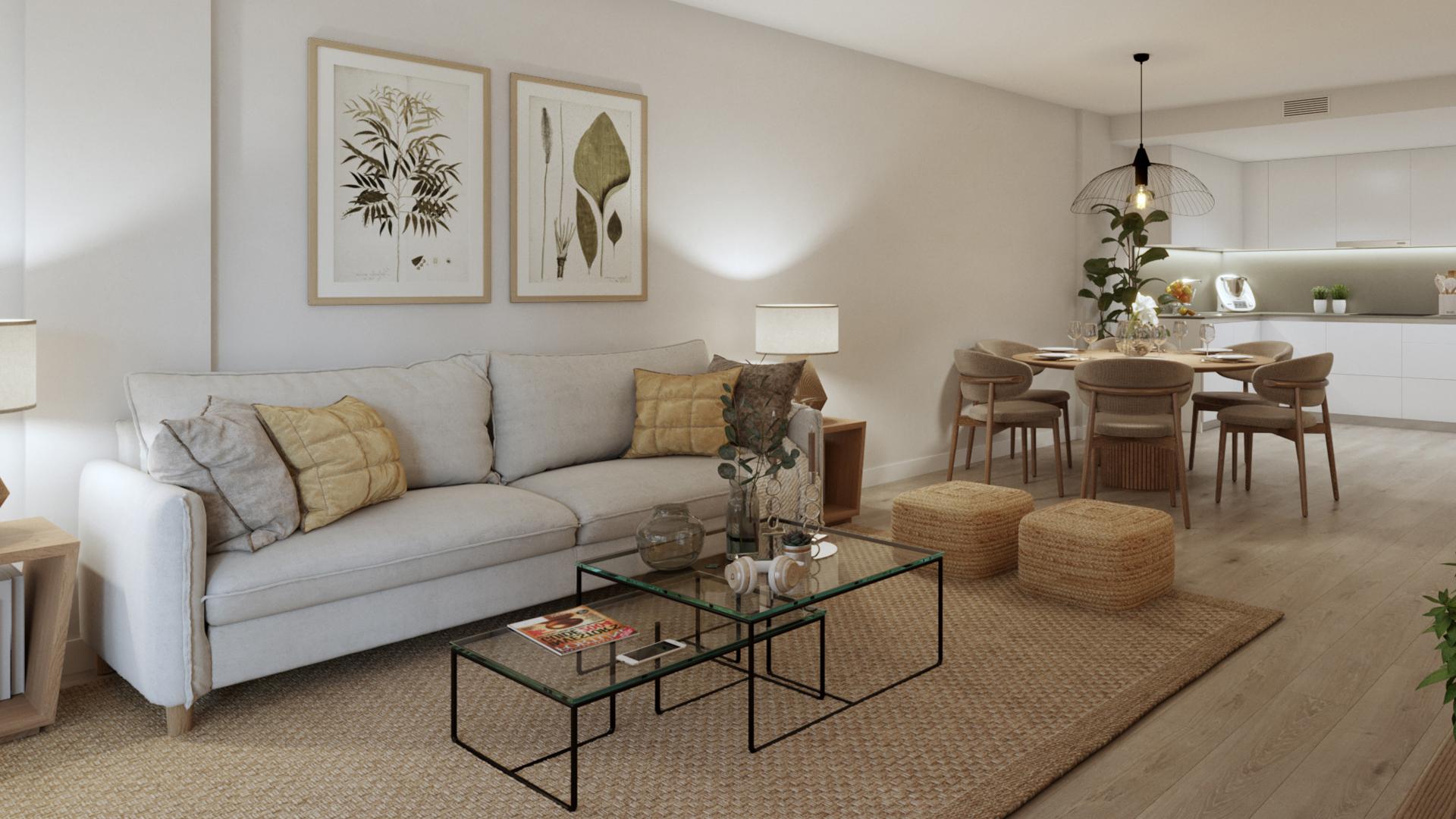 Living area with floor-to-ceiling glazing in first-floor apartment, El Saltillo