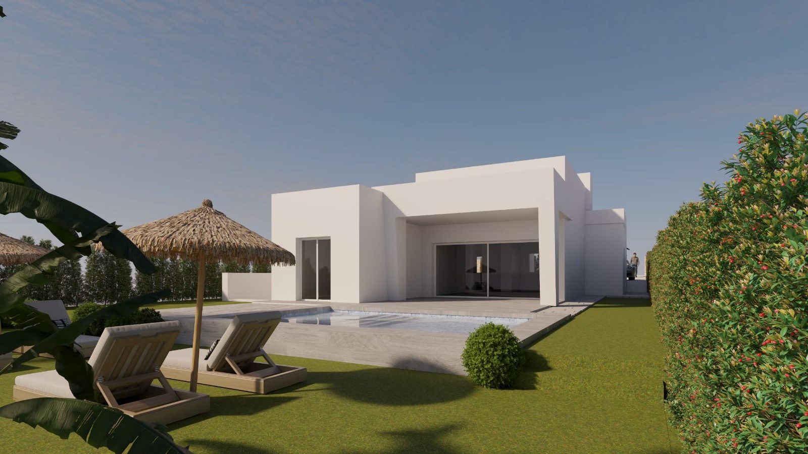 Front facade of new-build villa showing entrance and plot boundary, Algorfa