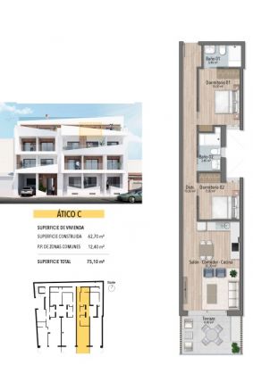 Detailed floor plan layout of 2-bedroom penthouse, Estacion de Autobuses, Torrevieja