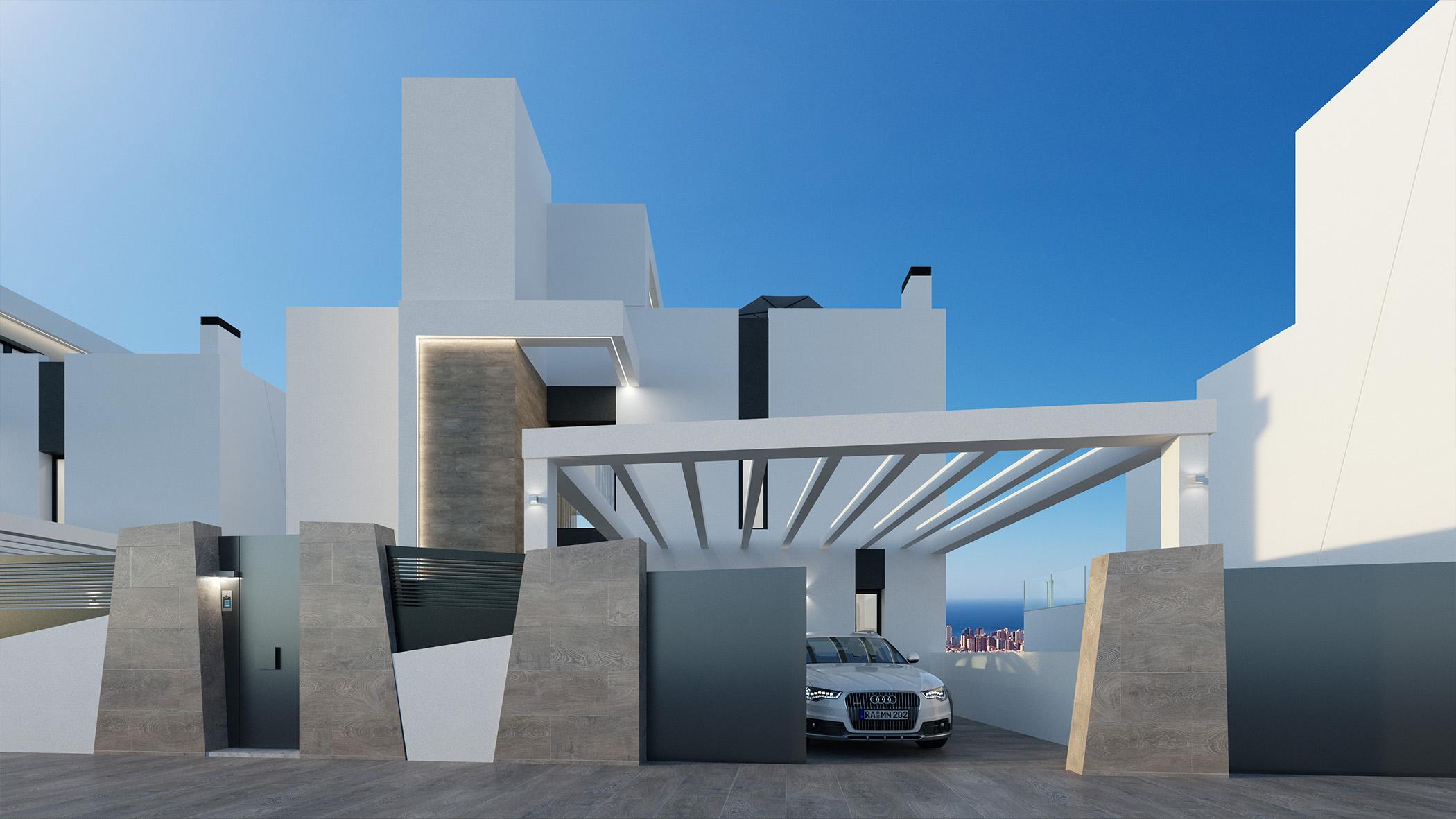 Master bedroom with floor-to-ceiling windows in new-build villa, Camporrosso Village, Finestrat