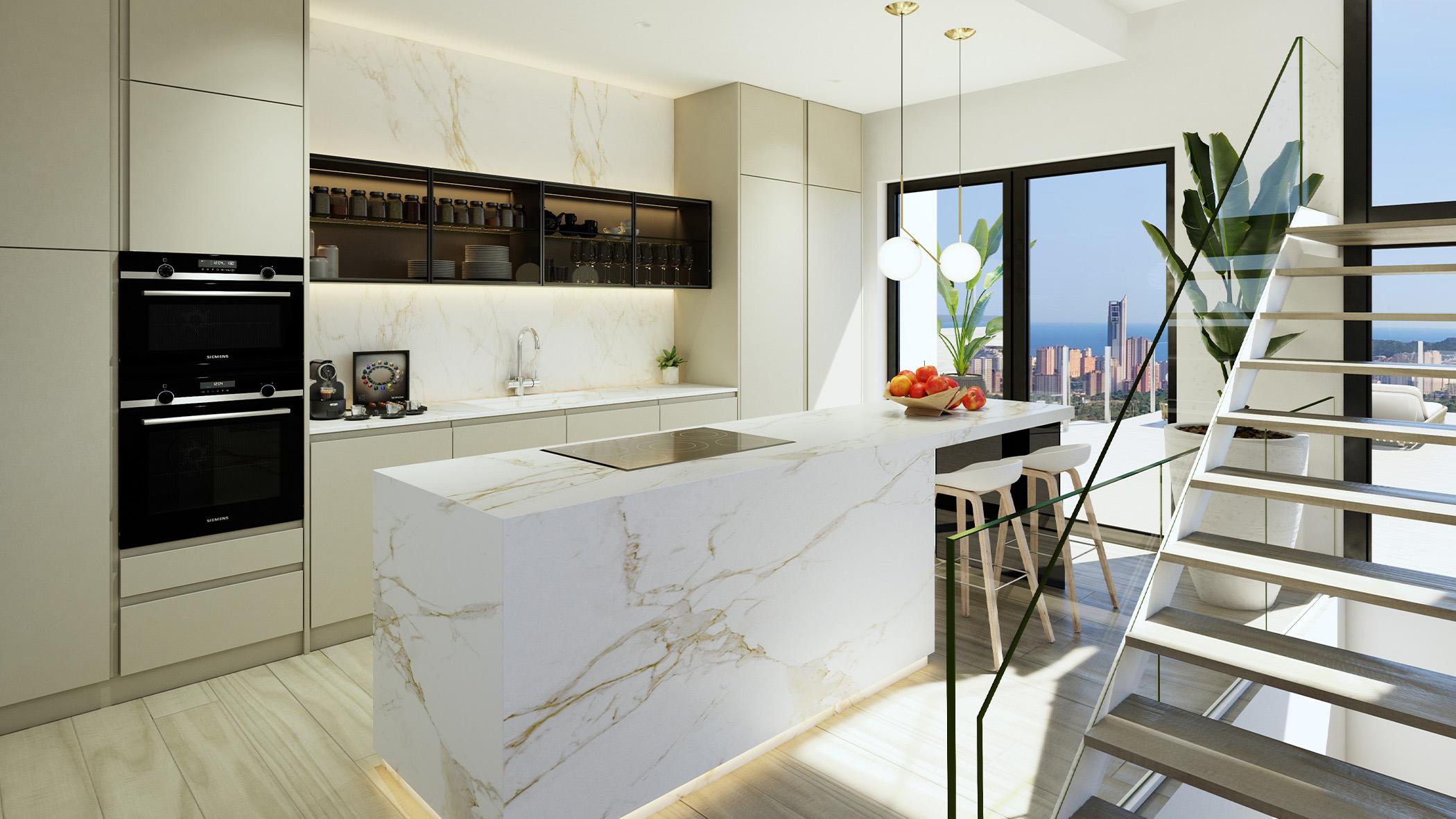 Solarium terrace with views toward Puig Campana, new-build villa, Camporrosso Village, Finestrat