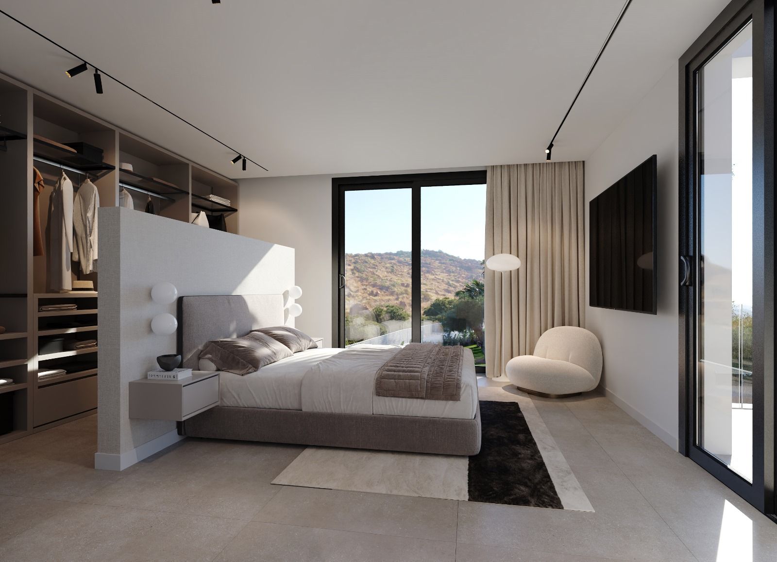 Side exterior view of new-build villa on 487m2 plot, Golf Puig Campana, Finestrat