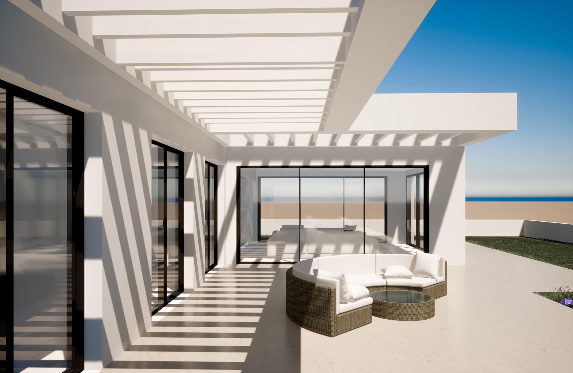 Exterior terrace and landscaped garden of single-storey new-build villa, Hipódromo-Cerrado del Águila