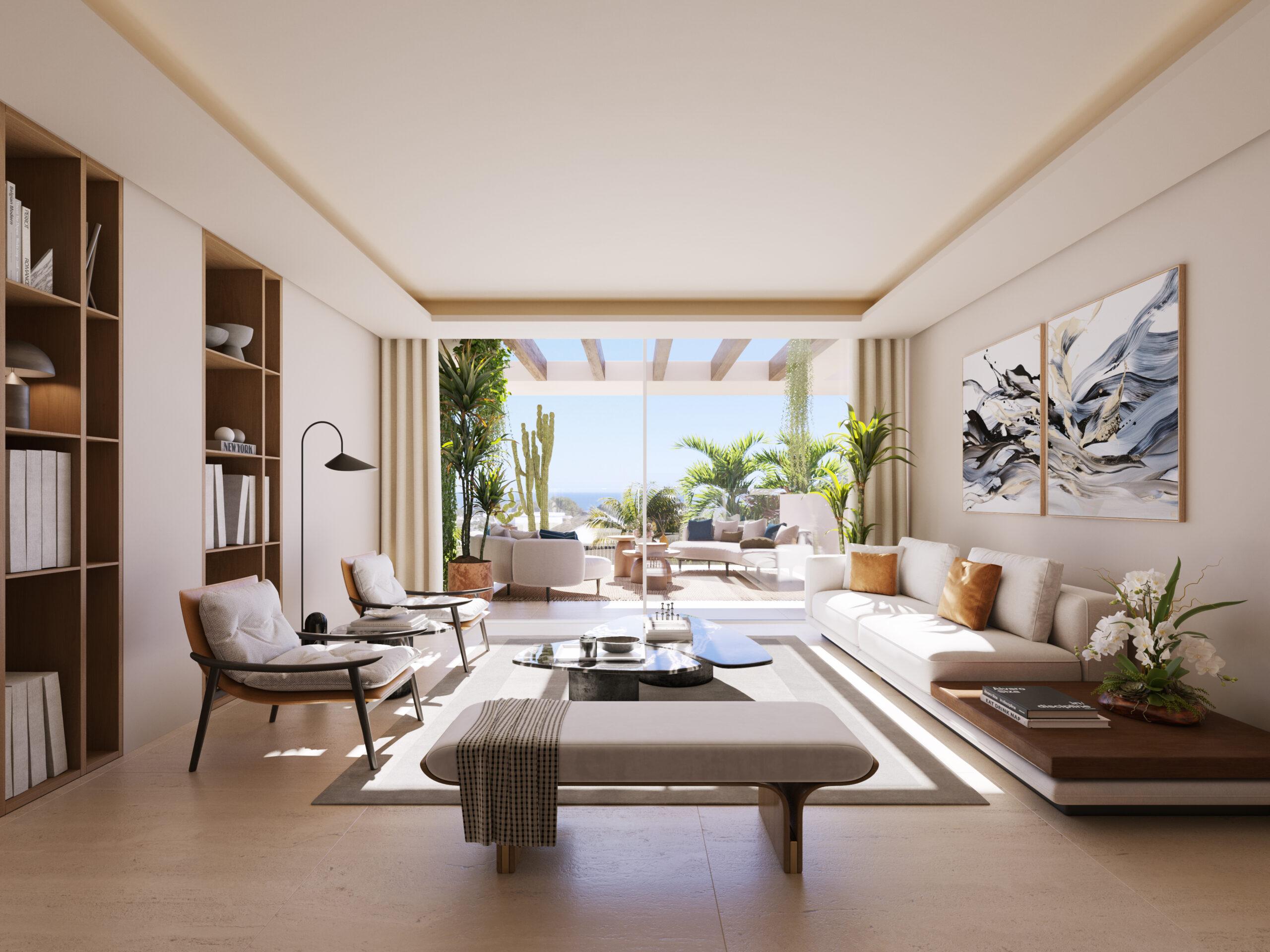 Living room with glazed doors open to terrace in penthouse, Lomas de Marbella Club